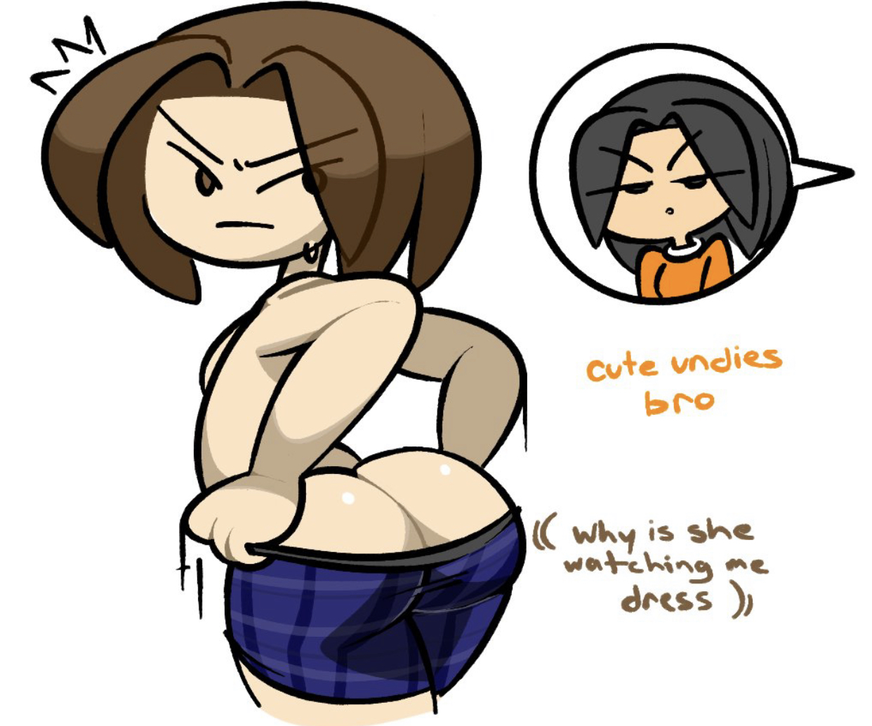 1boy, 1girls, annoyed, annoyed expression, ass, ass cleavage, ass crack, ass focus, big ass, big butt, black eyes, black hair, boxers, brother and sister, brown eyes, brown hair, butt crack, female, femboy, hihi (vilepluff), light skin, light-skinned male, looking back, male, male only, mob face, moobs, orange shirt, plump, plump ass, simple background, speech bubble, sweat, sweatdrop, text, underwear, vilepluff