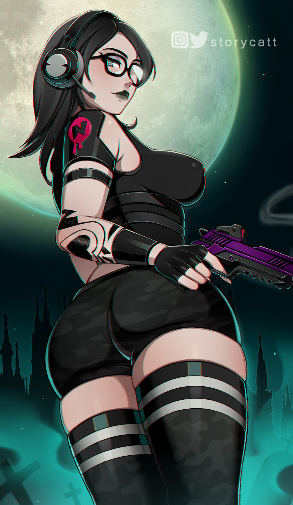 ass black_hair black_lipstick breasts clothed egirl emo female female_only fortnite glasses goth gun headphones jawbreaker_(fortnite) lipstick long_hair looking_at_viewer moon nipples_visible_through_clothing solo solo_female stockings storycatt tagme tattoo thighhighs thighs