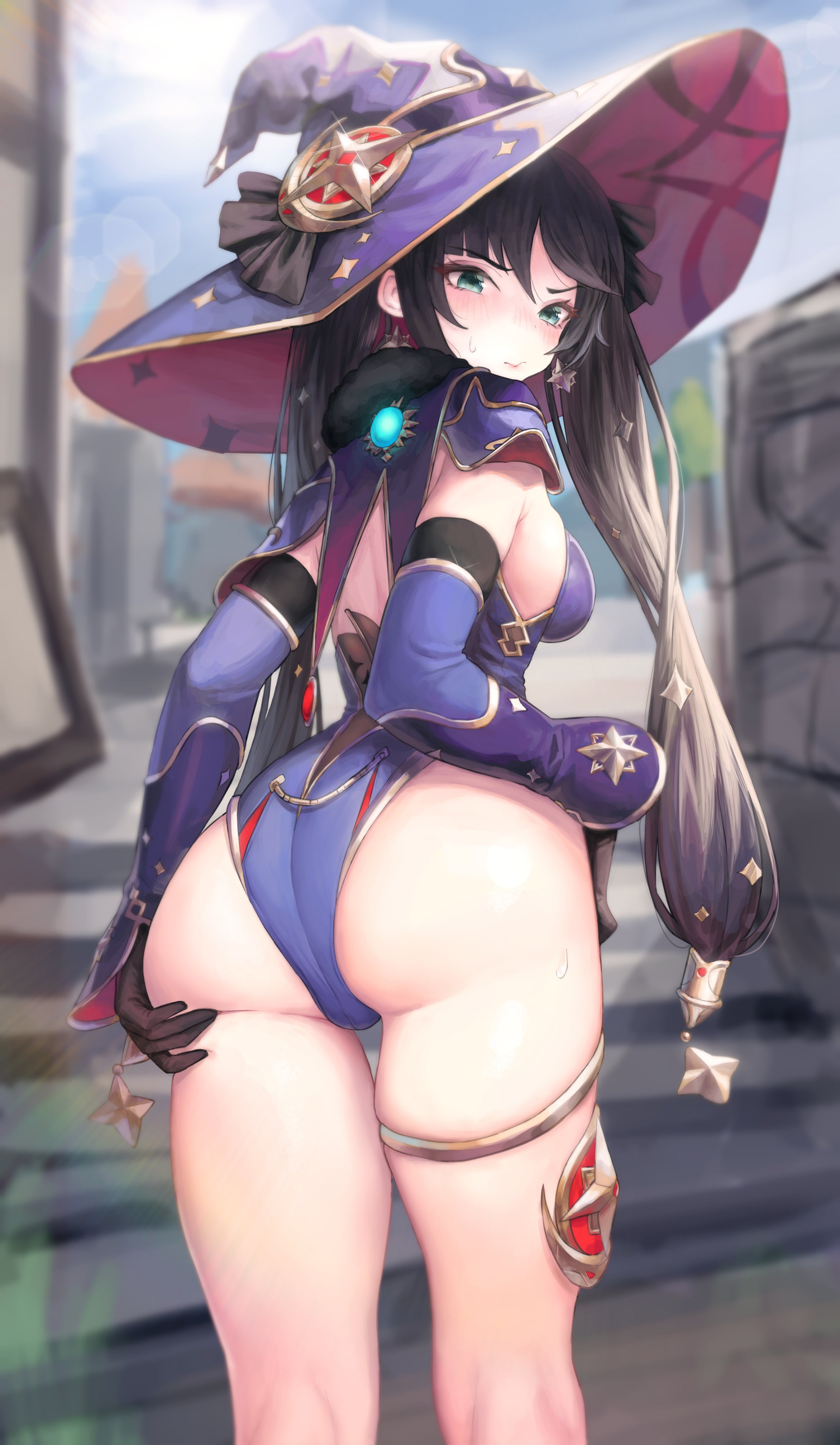 ass, ass grab, ass support, back, bangs, black hair, blush, breasts, deep skin, detached sleeves, embarrassed, female, from behind, genshin impact, green eyes, highleg, highleg leotard, huge ass, leotard, long hair, looking at viewer, looking back, mage, medium breasts, mochirong, mona (genshin impact), purple headwear, purple leotard, shiny, shiny hair, shiny skin, sideboob, solo, sweatdrop, thighs, twintails, very long hair