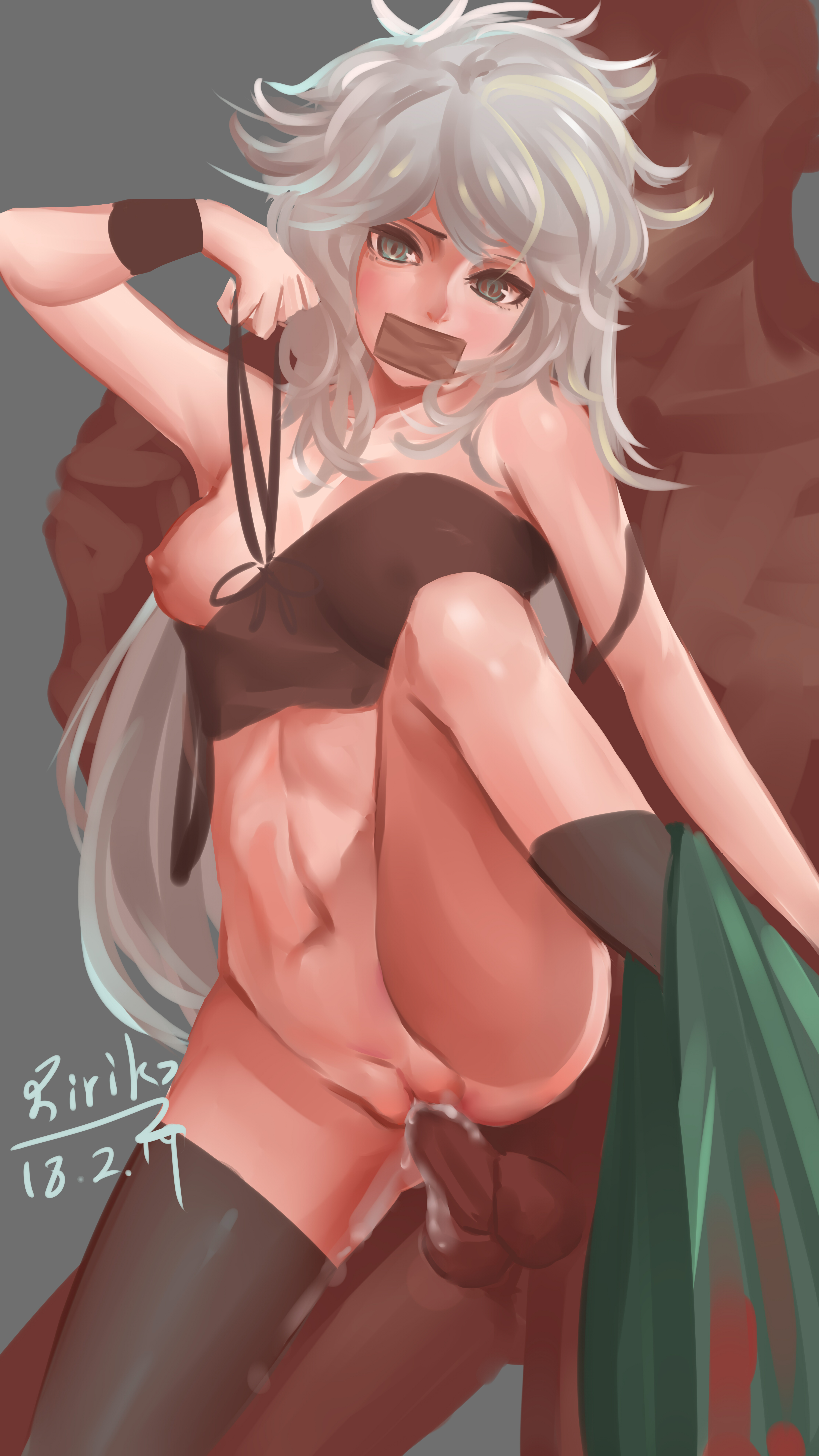 bondage, breasts, colored, covering breasts, cum in pussy, danganronpa, danganronpa 2: goodbye despair, female, gag, genderswap, genderswap (mtf), green eyes, holding object, male, medium breasts, nagito komaeda, naked, nipples, one breast out, penis, pussy, restrained, ririko (fhnngririko), rule 63, stockings, straight hair, tape, tape gag, taped mouth, thighs, white hair, worried