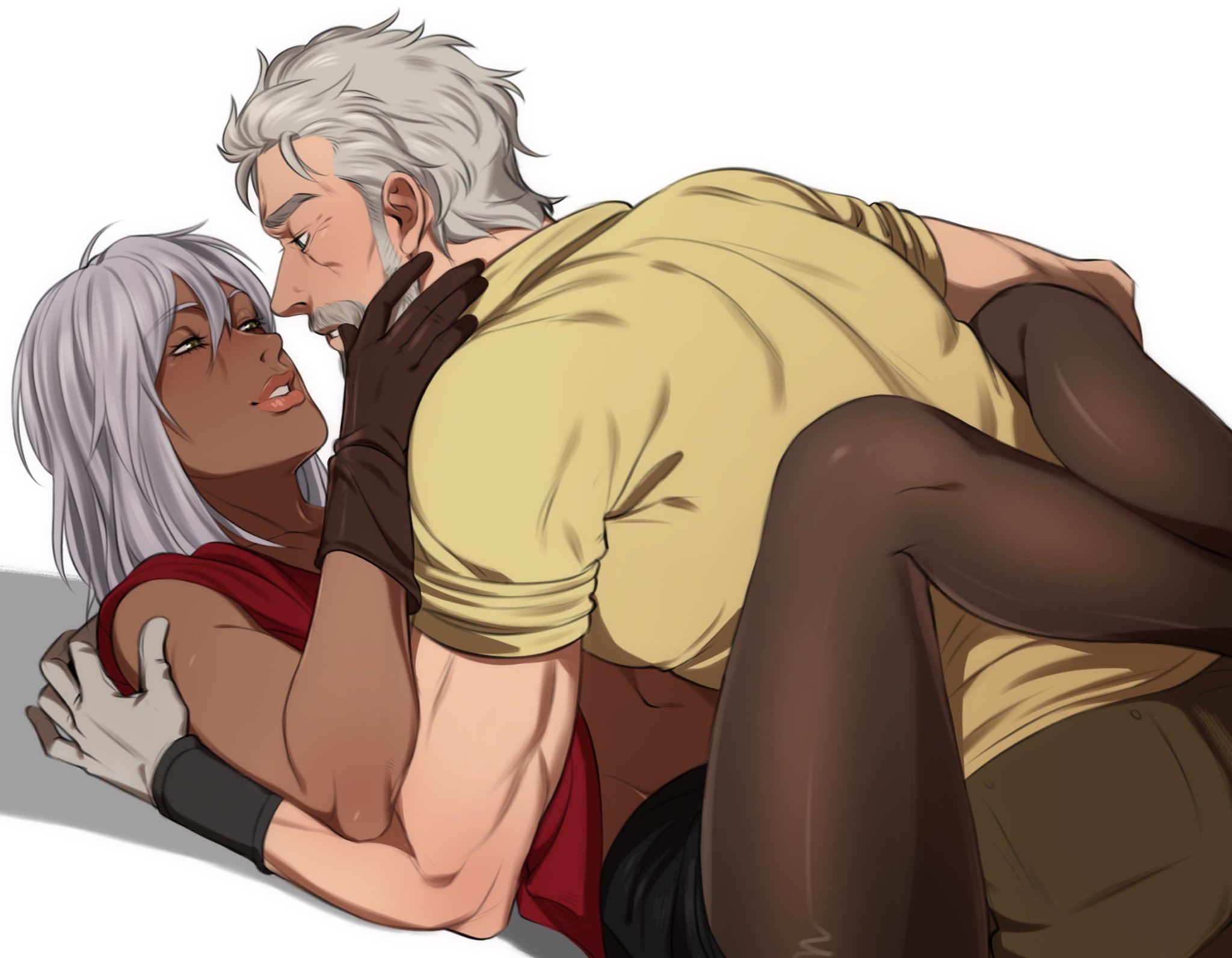 1boy, 1girls, age difference, beard, before sex, belly button, black panties, cheating, cheating husband, clothed, clothing, dark skin, dark-skinned female, dilf, duo, duo focus, enemies, enemies with benefits, facial hair, female, gilf, gloves, grey hair, hazel eyes, interracial, jojo's bizarre adventure, joseph joestar, leg lock, legs around waist, light skin, light-skinned male, lips, lipstick, looking at another, looking at partner, male, mariah (jjba), missionary, missionary position, old joseph, old male, older male, pale skin, pale-skinned male, pantyhose, riffraff, riffraffhellyea, short shorts, simple background, stardust crusaders, straight, white hair, younger female