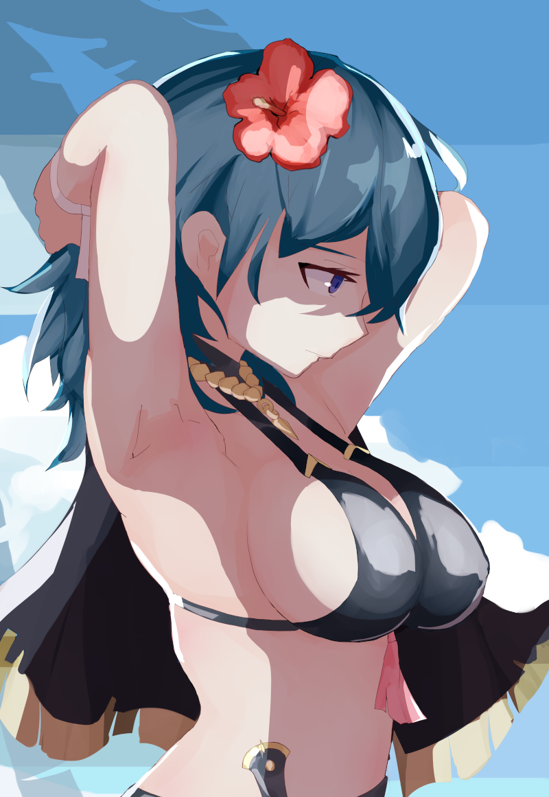 1girls alternate_costume armpits arms_behind_head arms_up bangs bikini bikini_top_only black_bikini black_swimsuit blue_eyes blue_hair blue_sky breasts byleth_(fire_emblem) byleth_(fire_emblem)_(female) byleth_(summer)_(fire_emblem)_(female) cape cloud female female_only female_protagonist fire_emblem fire_emblem:_three_houses fire_emblem_heroes flower from_side hair_flower hair_ornament jewelry kitami_tsuzuka knife large_breasts long_hair medium_hair necklace nintendo official_alternate_costume red_flower shaded_face sideboob sky solo summer swimsuit teal_hair upper_body