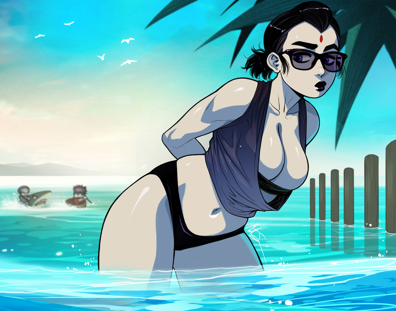 bare midriff, beach, bending over, bent over, bikini, bikini bottom, black hair, blue eyes, breasts, busty, cleavage, dc, dc comics, eyewear, female, female focus, female only, hourglass figure, large breasts, light skin, light-skinned female, lipstick, loose clothes, makeup, msperoni, navel, overflowing breasts, pale skin, pale-skinned female, pinup, pinup pose, pose, posing, rachel roth, raven (dc), sea, seaside, short hair, solo, straight hair, sunglasses, swimsuit, tagme, tank top, teen titans, thick thighs, tied hair, tinted eyewear, triplexmile, water, wide hips