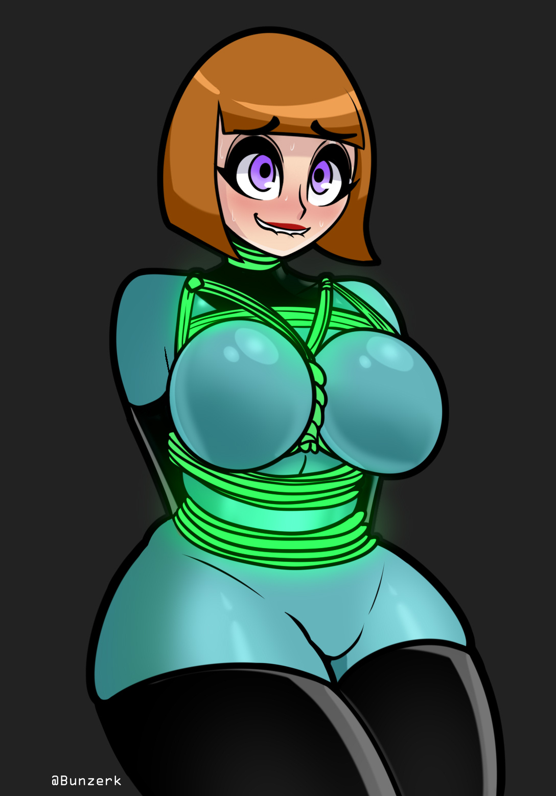1girls, artist name, big breasts, biting own lip, black background, blue bodysuit, blushing, bondage, breasts, brown hair, bunzerk, danny phantom, eyebrows through hair, female, madeline fenton, mature female, milf, nervous smile, nervous sweat, nickelodeon, purple eyes, red lipstick, short hair, simple background, sitting