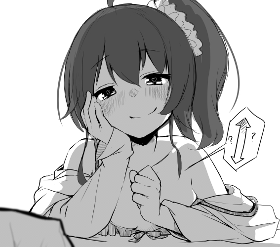 bangs bare_shoulders blush closed_mouth female greyscale hair_between_eyes handjob_gesture hololive hololive_gen_1 hololive_japan long_sleeves looking_at_viewer monochrome natsuiro_matsuri nejime sexually_suggestive side_ponytail smile solo upper_body virtual_youtuber