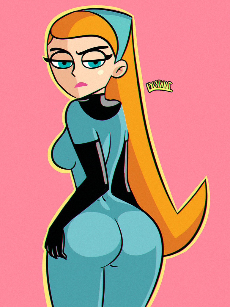 angry artist_name ass_focus blue_bodysuit blue_eyes blue_hairband danny_phantom deviantart hand_on_hip jazz_fenton leather_suit long_eyelashes long_hair lyotanc mature_female medium_breasts nickelodeon orange_hair pink_background pink_lipstick sideboob simple_background