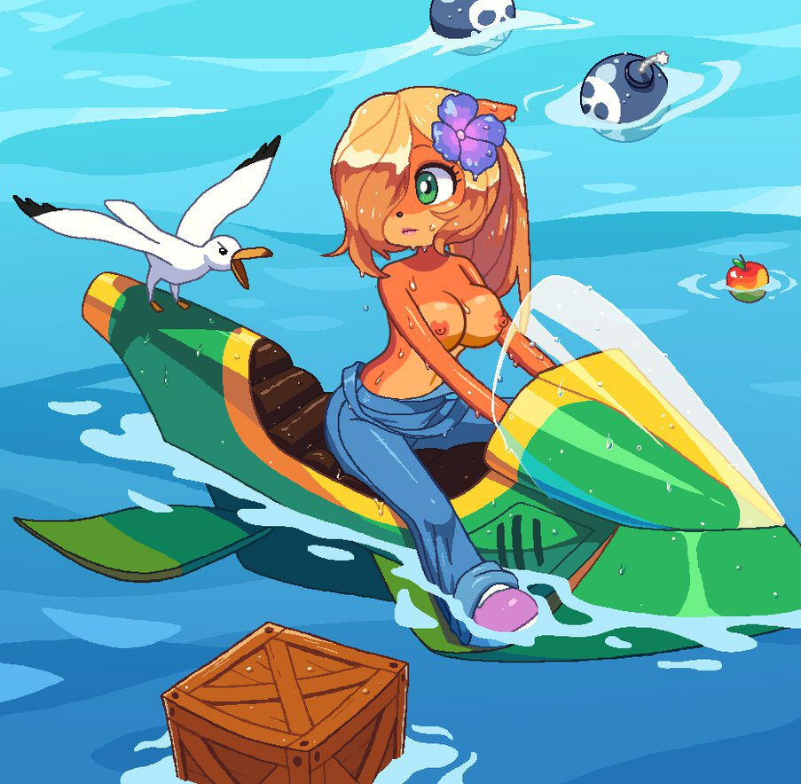 aliasing anthro avian bandicoot bird black_nose blonde_hair bomb box breasts clothing coco_bandicoot crash_(series) crash_bandicoot:_warped digital_media_(artwork) driving edit explosives eyelashes female flower flower_in_hair food footwear fruit fur green_eyes hair hair_ornament hair_over_eye jet_ski jetski kempferzero lips long_hair looking_at_another mammal marsupial mouth_closed multicolored_fur navel nipples orange_fur outside overalls partially_clothed plant seagull shoes short_sleeves sitting tan_fur vehicle video_games water wet wumpa_fruit