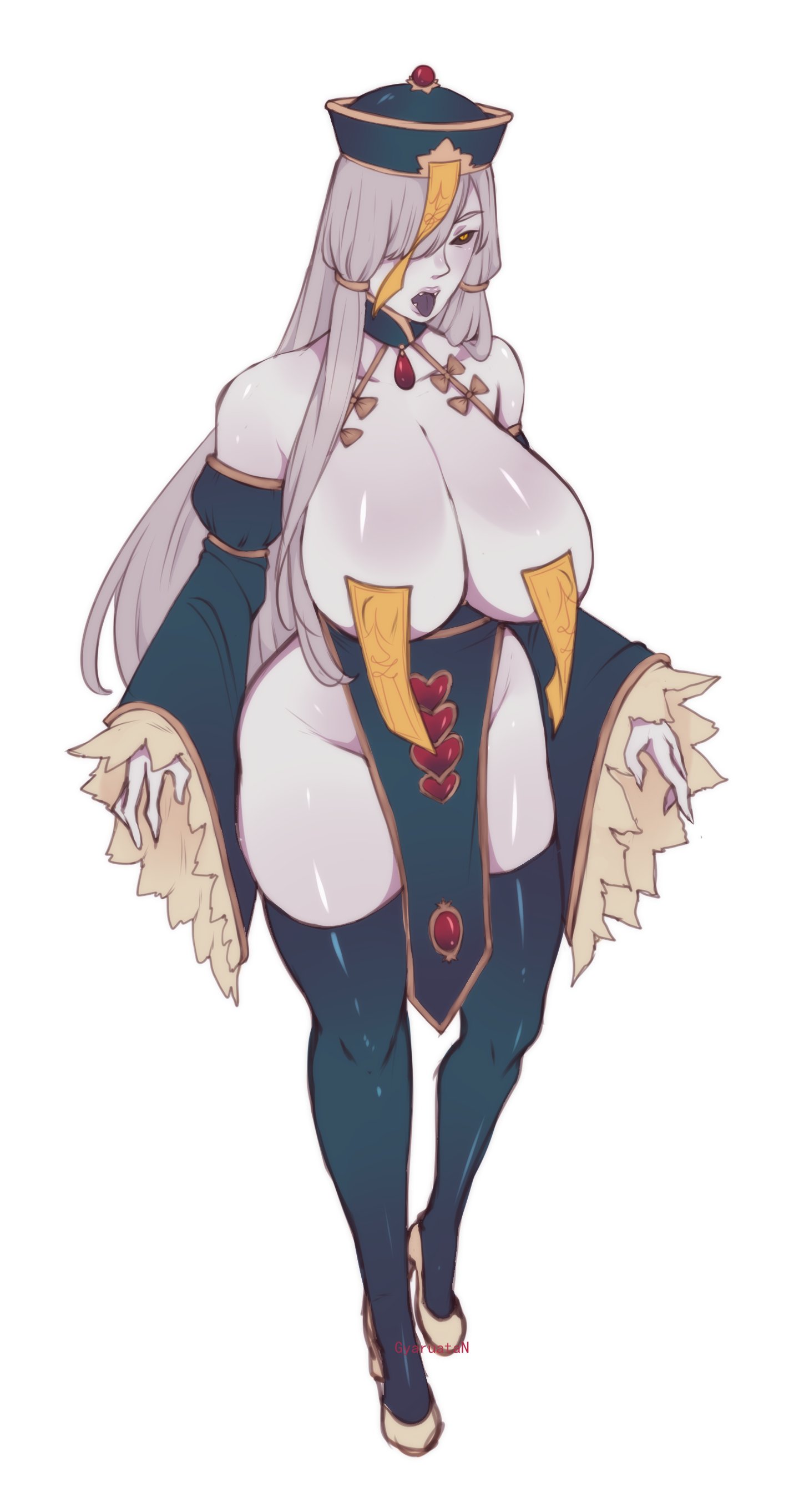 1girls, big breasts, black sclera, breasts, breasts out, chinese clothes, chinese mythology, covered nipples, da-xia (gyarusatan), fangs, female, female only, gyarusatan, hair over one eye, heels, jewelry, jiangshi, legwear, light skin, light-skinned female, long hair, monster girl, ofuda, open mouth, pale skin, pale-skinned female, qing guanmao, slit pupils, solo, solo female, thick thighs, tied hair, tongue, tongue out, very high resolution, white background, white hair, yellow eyes