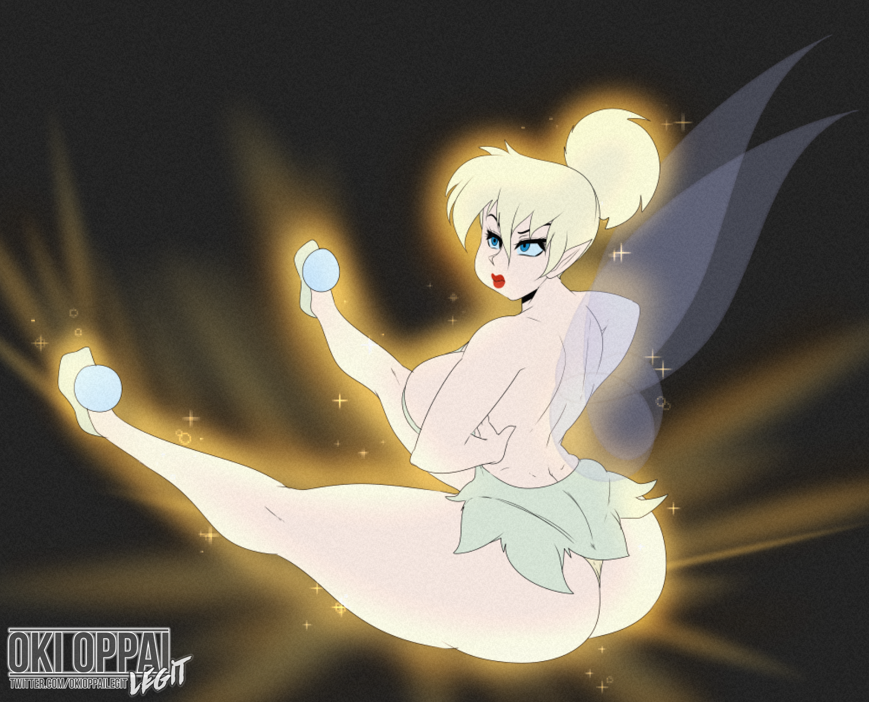 alternate ass size, alternate body type, alternate breast size, angry, ass, background, big breasts, blonde hair, blue eyes, breasts, disney, disney fairies, fairy, fairy wings, female, green dress, high resolution, huge ass, huge breasts, okioppai, sideboob, sitting, solo, tinker bell, wings