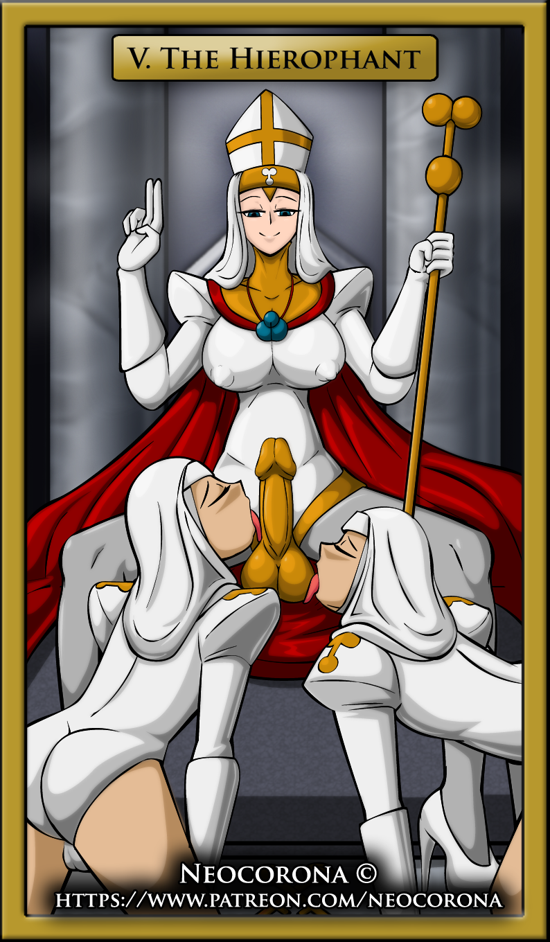 1futa 2boys chastity chastity_cage crossdressing futadom futanari human human_only light-skinned_femboy light-skinned_male light_skin male male_nun malesub neocorona nun sissy strap-on tagme tarot tarot_card tarot_deck the_hierophant_(tarot) worship