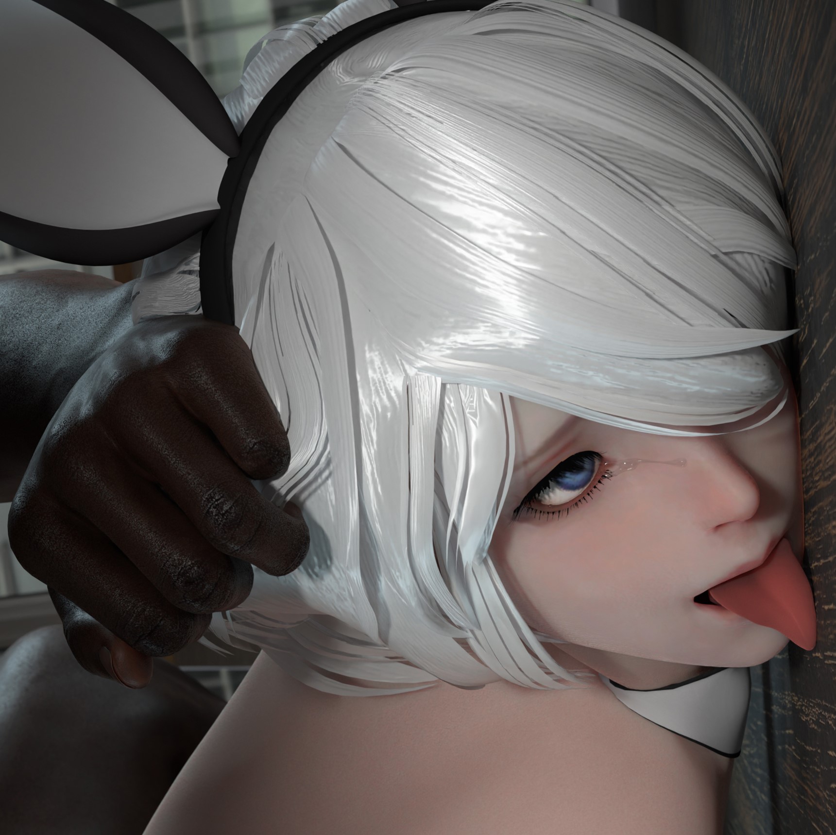 1boy, 1girls, 3d, ahe gao, android, android girl, blue eyes, bunny ears, dark skin, dark-skinned male, female, interracial, light skin, light-skinned female, m71z30, male, naughty, naughty face, nier: automata, pale skin, pale-skinned female, tongue, tongue out, white hair, yorha 2b