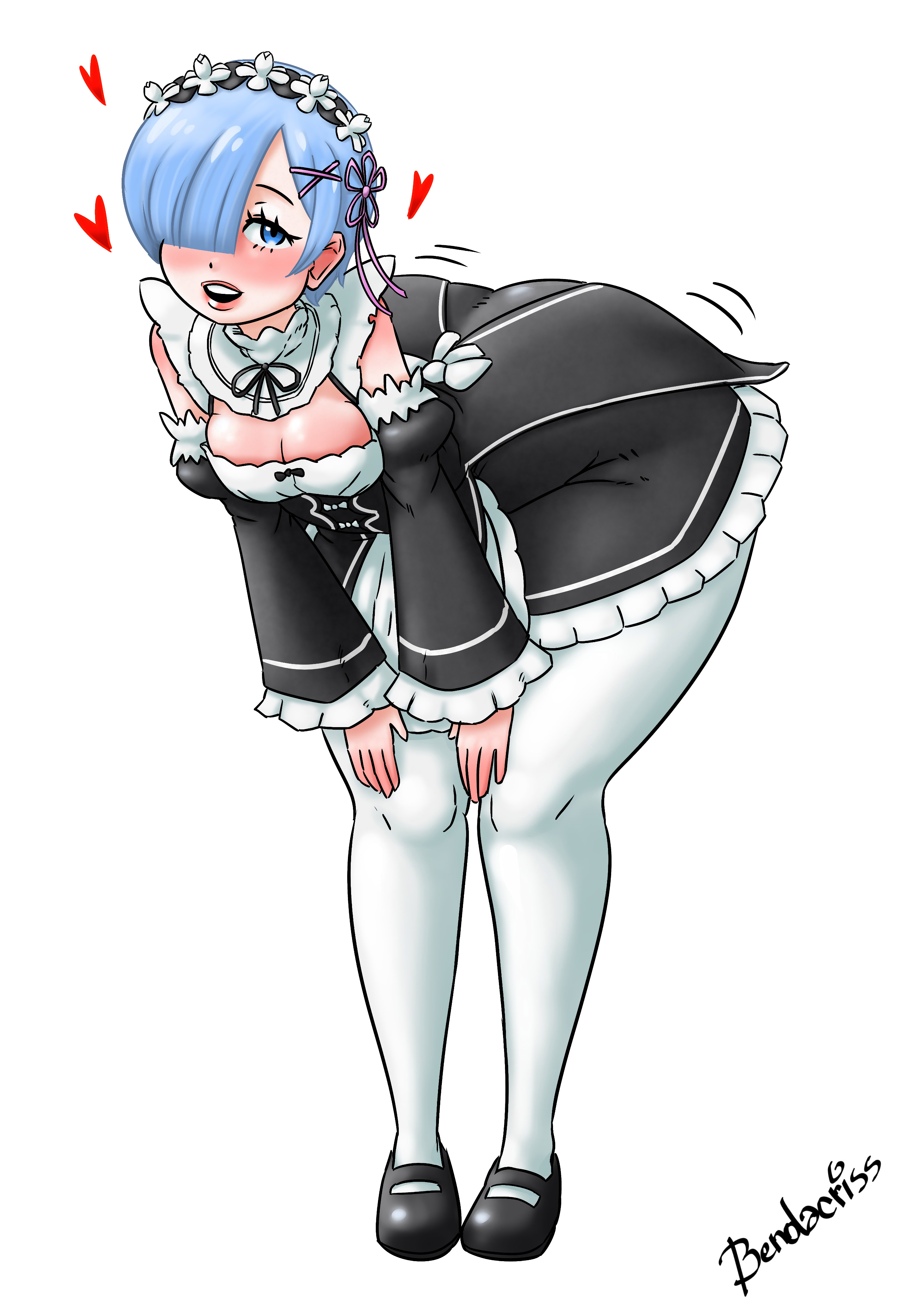 1girls, ass, bendacriss, big ass, big breasts, blue eyes, blue hair, blush, bottom heavy, breasts, female, heart, high resolution, huge ass, maid, maid headdress, maid uniform, re:zero kara hajimeru isekai seikatsu, rem (re:zero), solo, thick thighs, thighs, voluptuous, white background