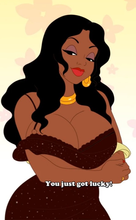 arms_crossed black_hair breasts brown_dress dark-skinned_female dark_skin dress earrings eyes_semi-closed female female_focus female_only huge_breasts inusen lipstick long_hair milf milftoon_drama necklace older_female red_lipstick wedding_ring