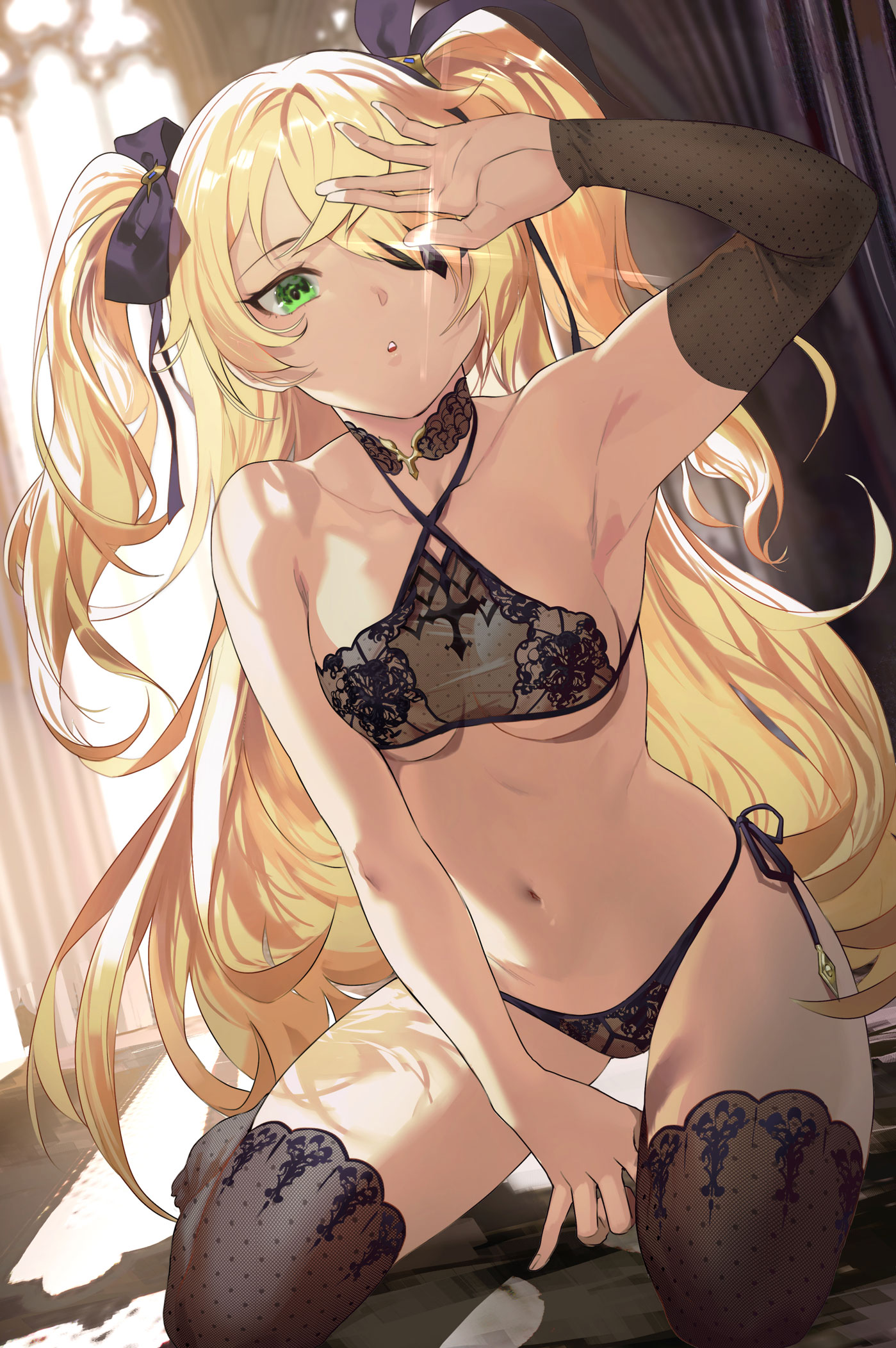 1girls, armpits, black bra, black lingerie, black panties, blonde hair, bra, breasts, eyepatch, female, female only, fischl (genshin impact), genshin impact, green eyes, hair, hair ribbon, halterneck, hi res, kneeling, lingerie, navel, panties, salmon88, side-tie panties, small breasts, stomach, thighhighs, twintails, underboob