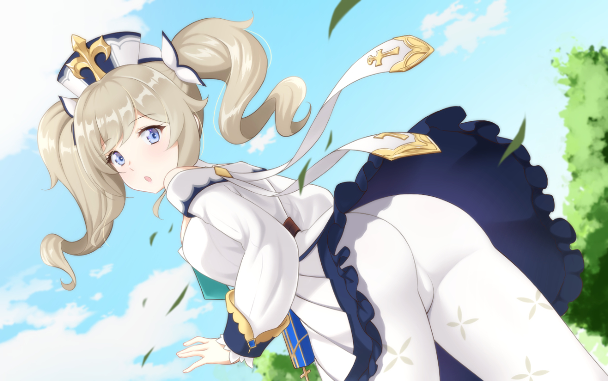 :o, ass, bangs, barbara (genshin impact), blue eyes, blue sky, blush, brown hair, cloud, commentary request, dress, drill hair, dutch angle, eyebrows visible through hair, female, frilled skirt, frills, from behind, genshin impact, hair ornament, hat, long sleeves, looking at viewer, looking back, nun, off shoulder, off-shoulder shirt, pantyhose, parted lips, pleated skirt, shirihime, shirt, skirt, sky, solo, twin drills, twintails, upskirt, white dress, white headwear, white legwear, white shirt, white skirt, wind, wind lift
