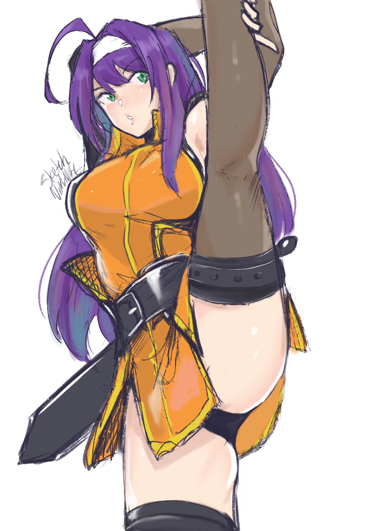 ahoge, bare thighs, big breasts, black panties, breasts, female, fire emblem, fire emblem: path of radiance, fire emblem: radiant dawn, green eyes, headband, large breasts, leggings, long hair, mia (fire emblem), nintendo, panties, pantyshot, pantyshot (standing), purple hair, splits, standing, stretching, sword, thighhighs, thighs, upskirt, vertical splits, vialnite, weapon