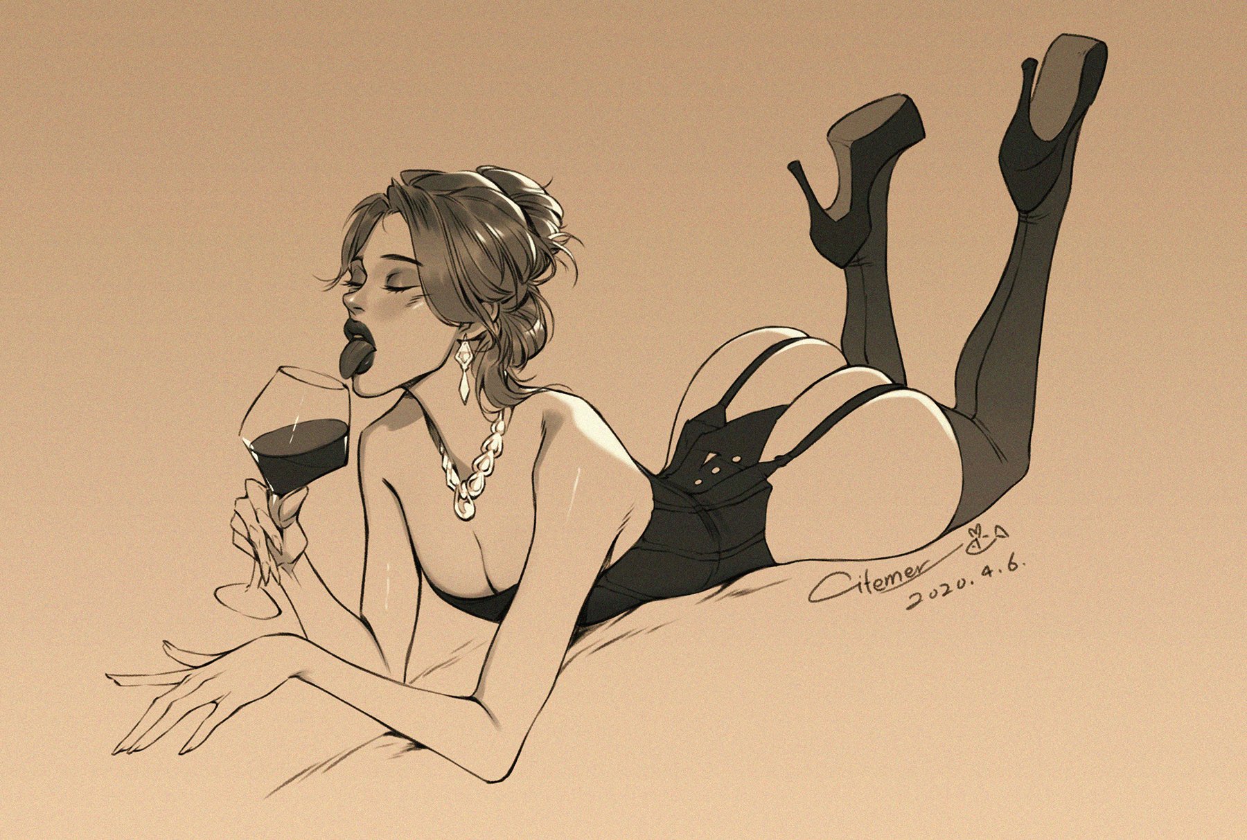 1girls, ass, big ass, citemer, closed eyes, corset, female, garter straps, high heels, lingerie, lying down, original character, solo, stockings, thong, tongue, tongue out