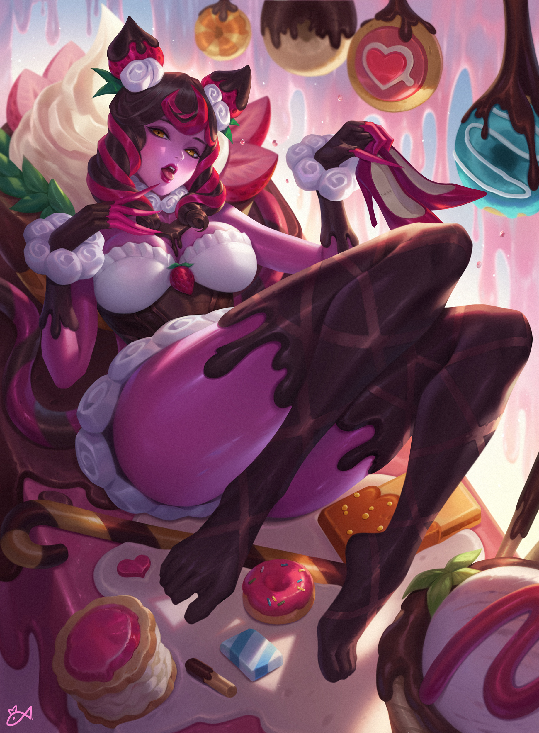 1girls, citemer, curled hair, dessert, donut, doughnut, evelynn, feet, female, heels, league of legends, long nails, red heels, red lipstick, seductive, seductive smile, strawberry, sugar rush evelynn, sugar rush series, sweets, thighhighs, yellow eyes