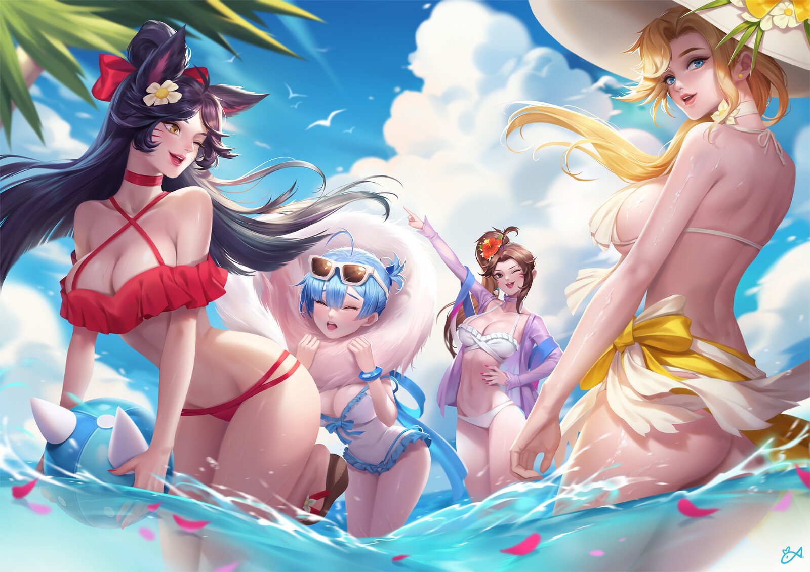 ahri, beach, beach ball, bikini, black hair, blonde hair, blue eyes, blue hair, brown hair, citemer, d.va, female, league of legends, mercy, overwatch, re:zero kara hajimeru isekai seikatsu, rem (re:zero), swimsuit, vastaya, yellow eyes