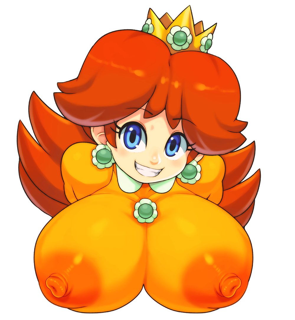 1girls, areolae, big breasts, blue eyes, breasts, brown hair, crown, dress, earrings, erect nipples, erection, female, female only, high resolution, huge breasts, jewelry, light skin, light-skinned female, looking at viewer, mario (series), matospectoru, nintendo, nipples, nipples visible through clothing, orange dress, princess daisy, see-through, see-through clothing, simple background, smile, solo, solo female, teeth, tiara, tight clothing, upper body, white background