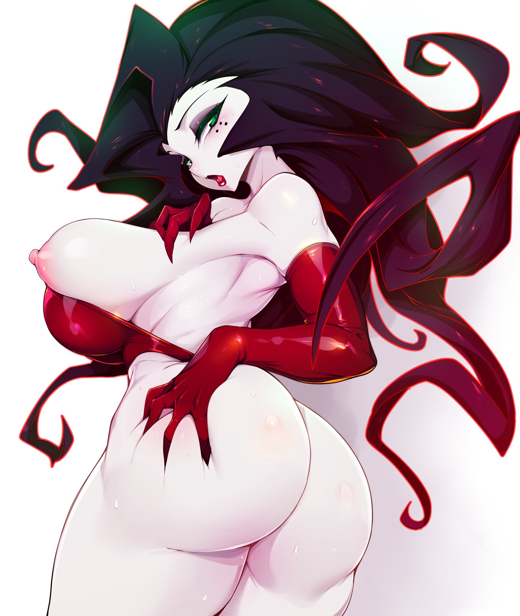 1girls, ass, big ass, big breasts, blush, breasts, cartoon network, female, gloves, green eyes, huge ass, huge breasts, large breasts, light skin, light-skinned female, long gloves, long hair, looking at viewer, looking back, nipple slip, nipples, pale skin, pale-skinned female, powerpuff girls, red lipstick, sedusa, sideboob, slugbox, squishing ass, white background