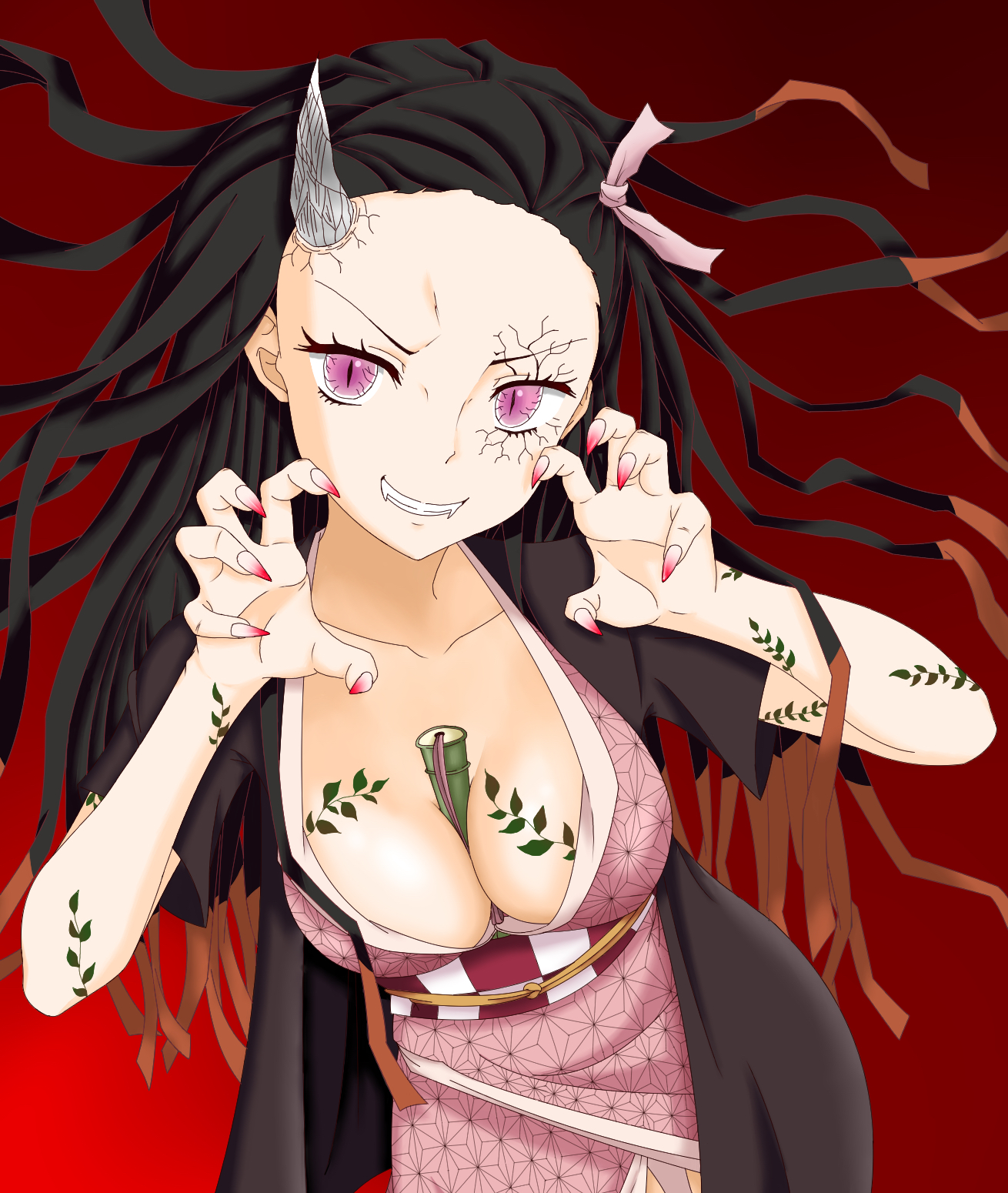 1girls, bamboo, bamboo between breasts, between breasts, black hair, black-haired female, body markings, breasts, cleavage, demon, demon girl, demon horns, demon slayer, ds (artist), fangs, female, fingernails, gag bondage, gag removed, haori, highres, horn, kamado nezuko, kimetsu no yaiba, kimono, large breasts, long hair, looking at viewer, nezuko (demon form), obi, object between breasts, purple eyes, sharp fingernails, slit pupils, smile, solo