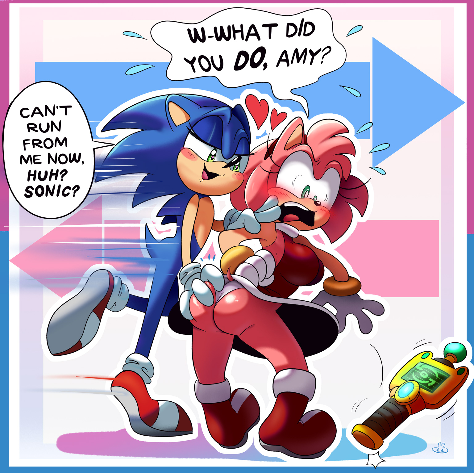 1boy, 1girls, absurd res, amy rose, animal ears, anthro, arm grab, ass, ass grab, black nose, blue body, blush, body swap, bracelet, clothing, countershading, device, embarrassed, english text, exposed torso, female, footwear, gloves, green eyes, handwear, heart, heart-shaped pupils, highres, lewdloaf, male, mostly nude, narrowed eyes, panties, pink body, porcupine, red cheeks, sega, sexual harassment, shoes, short tail, sonic (series), sonic the hedgehog, tail, text, text bubble
