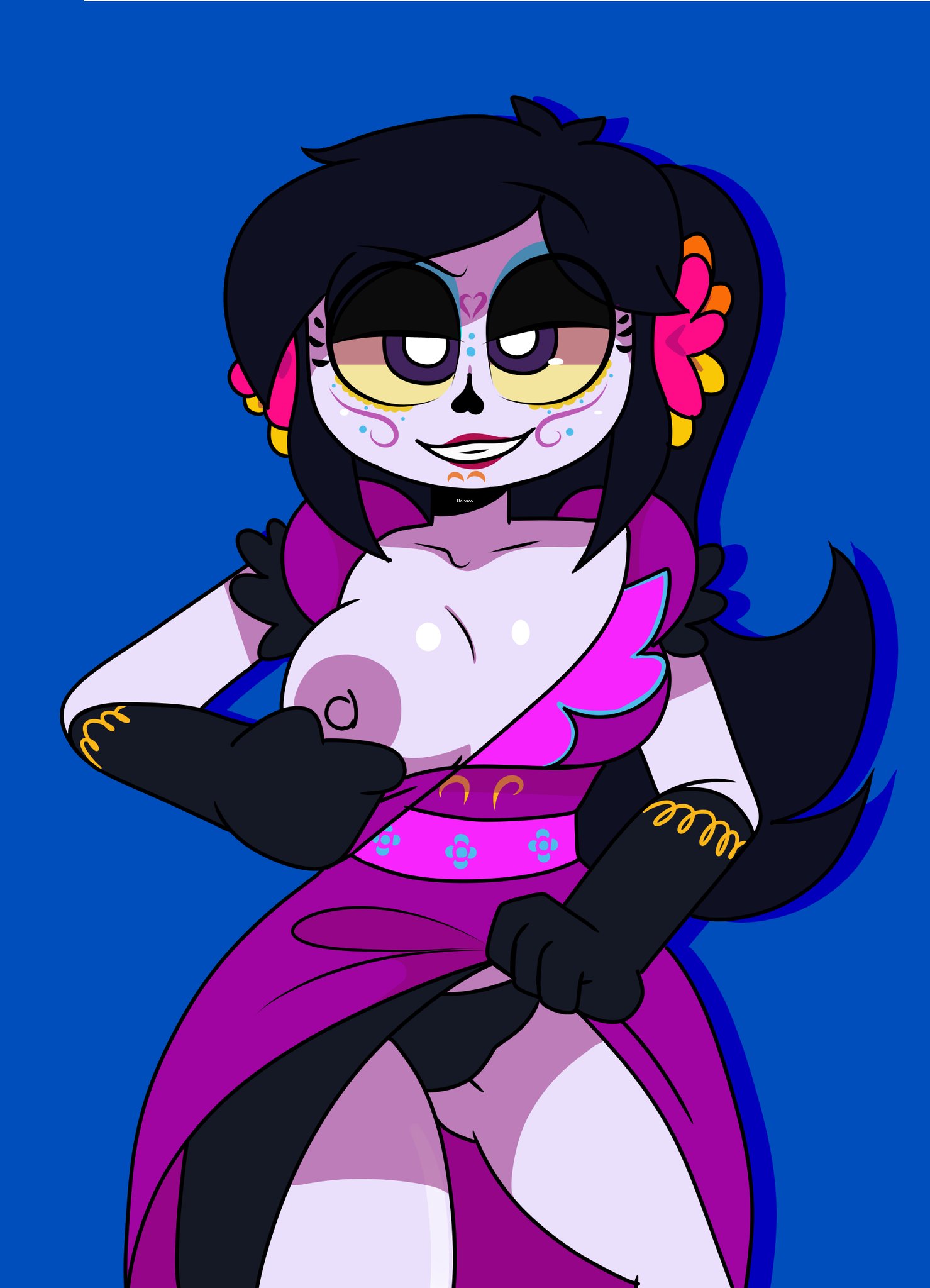 1girls, black hair, black panties, bodypaint, breasts, catalina la catrina, dia de los muertos, dress lift, eyeshadow, female, gloves, hair flower, horaco, lipstick, long hair, nipples, panties, ponytail, purple eyes, purple skin, thehoraco, underwear