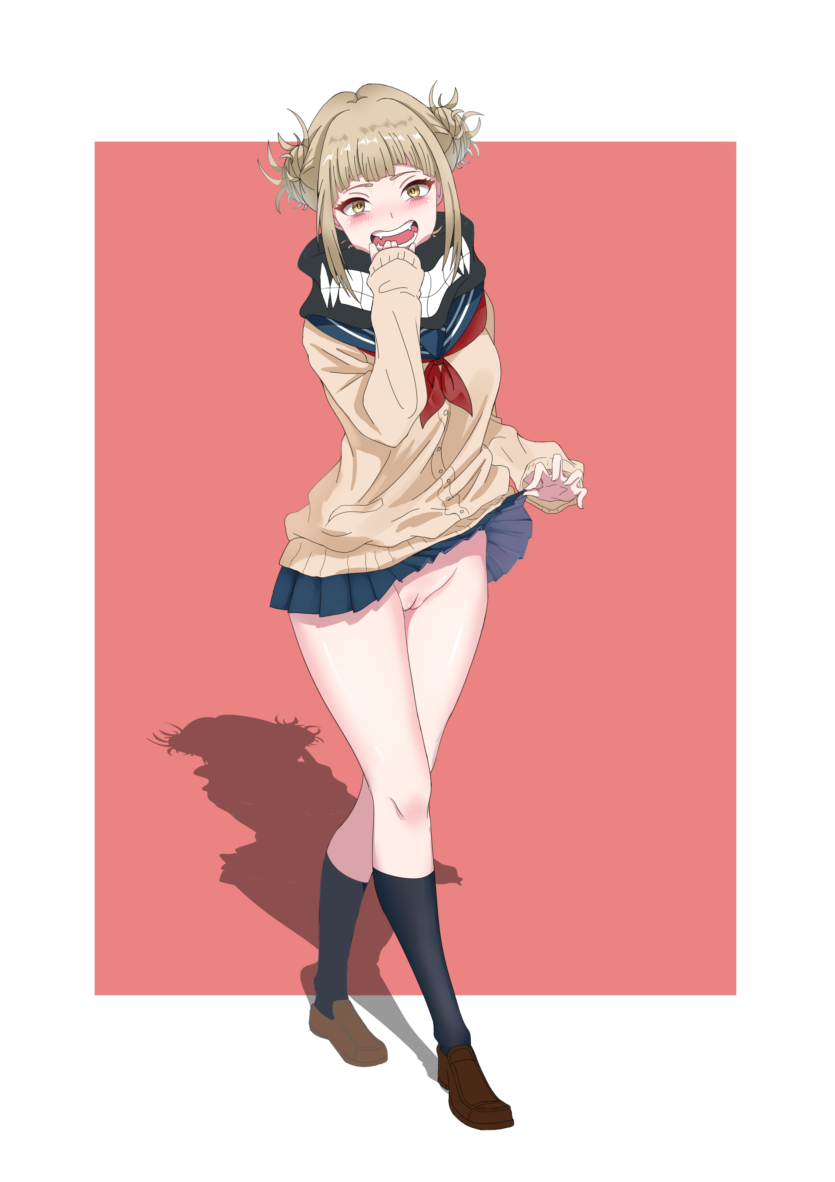 1girls, absurdres, bangs, blonde hair, blonde-haired female, blunt bangs, blush, cardigan, ctrl+z, double bun, fangs, female, highres, himiko toga, looking at viewer, messy hair, miniskirt, my hero academia, no panties, open mouth, pussy, sailor collar, school uniform, short hair, skirt, skirt lift, smile, solo, yellow eyes