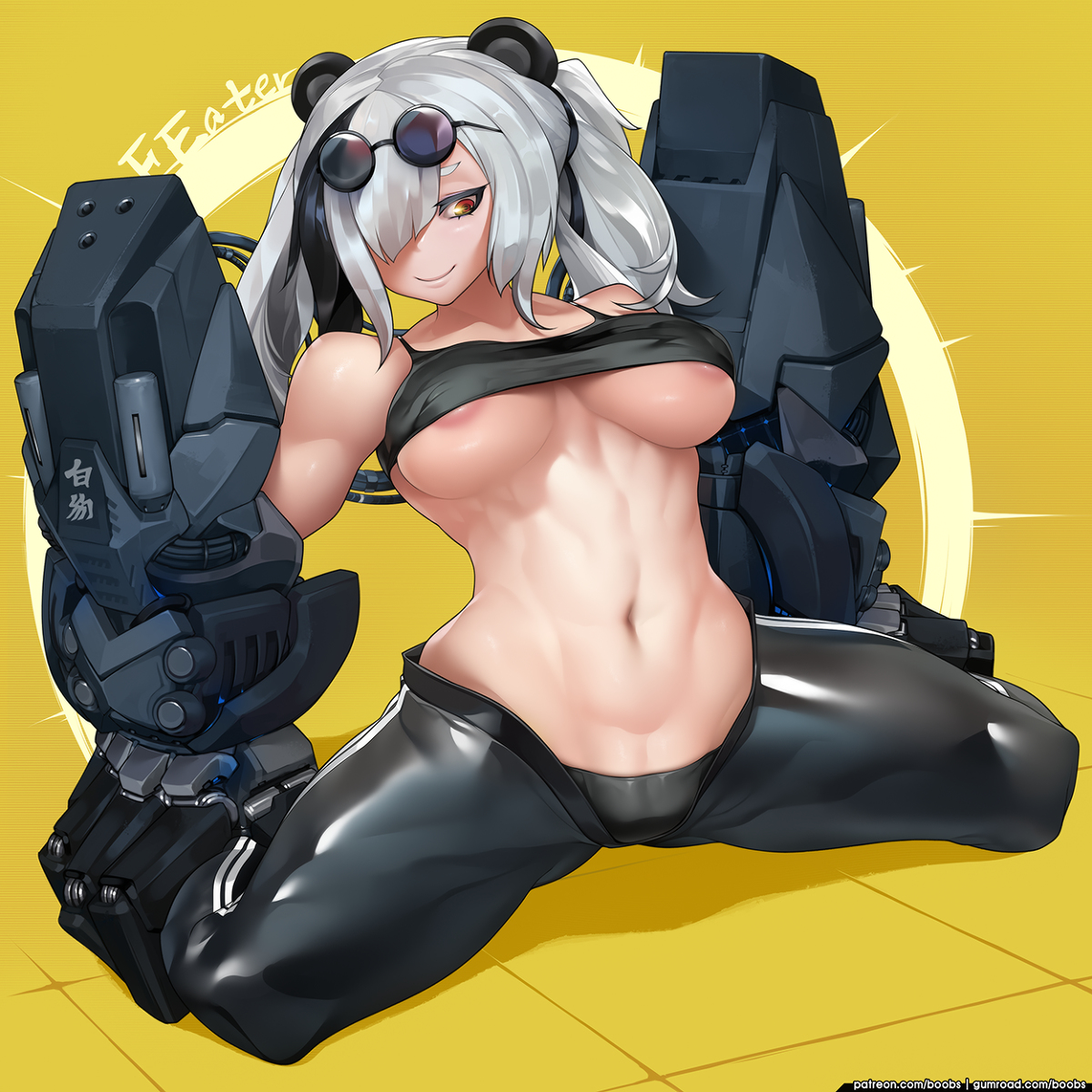 1girls, areolae, arknights, bear ears, bear girl, black and white hair, breasts, eyewear on head, feater (arknights), female, glasses, glasses on head, hair over one eye, nephlite, nipple slip, nipples, panda ears, solo, sportswear, sunglasses on head, twintails