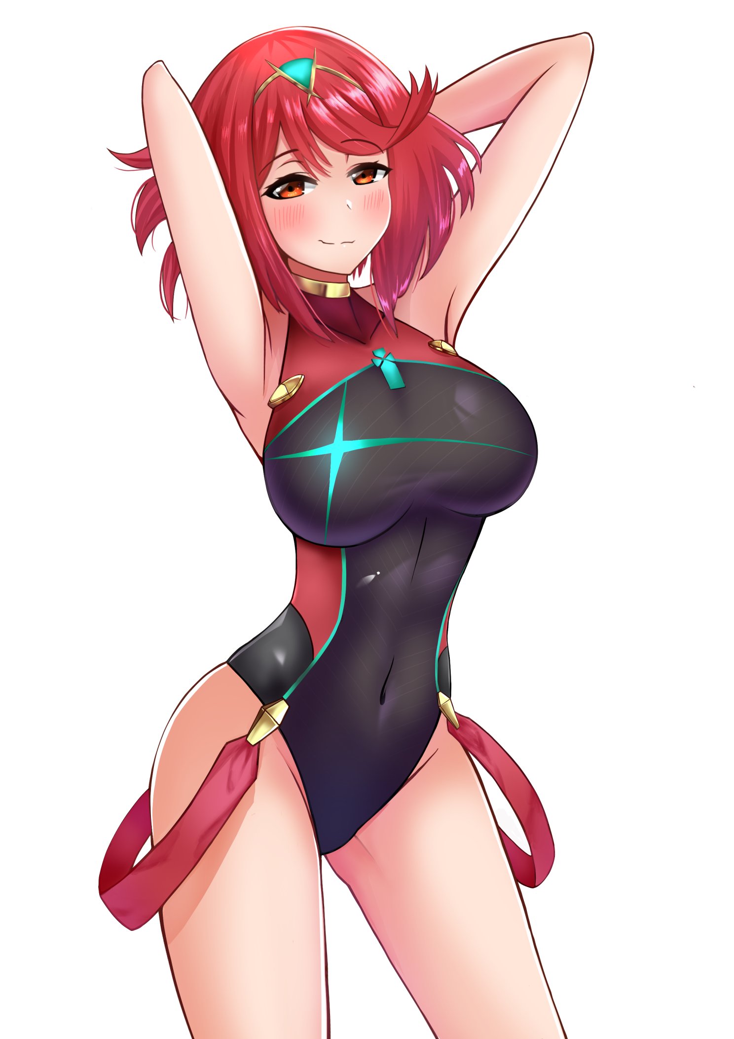 1girls, armpits, blush, breasts, competition swimsuit, covered navel, female, headpiece, highres, jewelry, large breasts, naughty face, nintendo, one-piece swimsuit, pyra, red eyes, red hair, short hair, sidelocks, smug, solo, swimsuit, the only shoe, tiara, white background, xenoblade (series), xenoblade chronicles 2