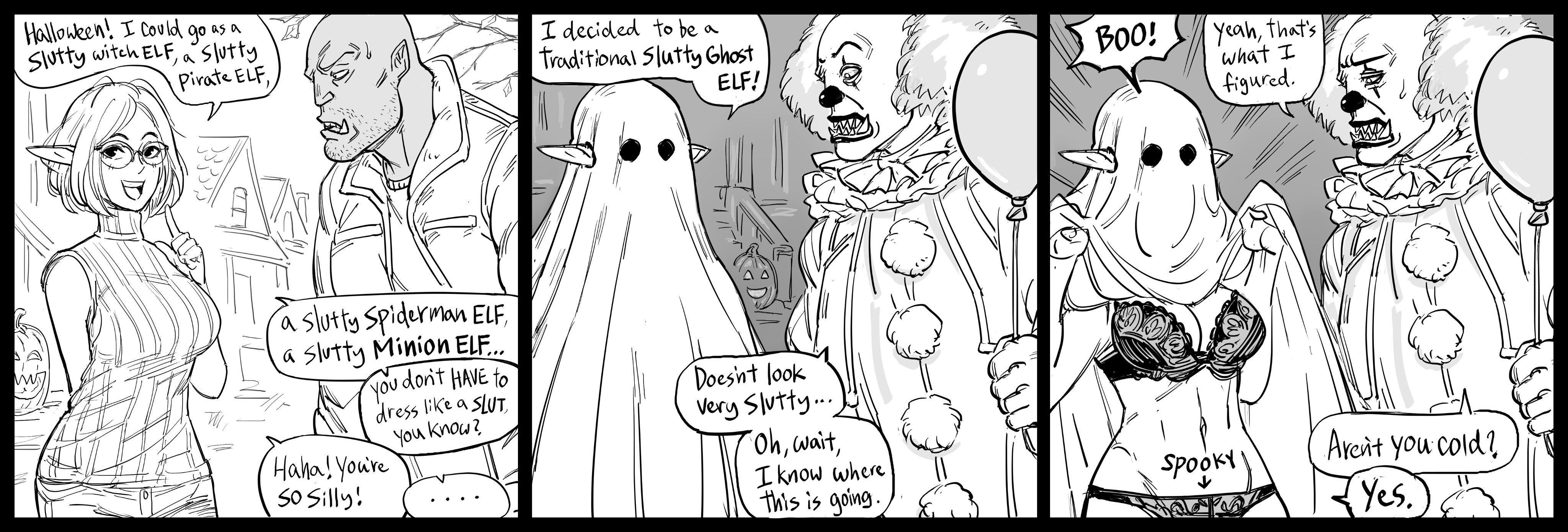 1boy, 1girls, 2d, absurd res, bb (baalbuddy), bra, breasts, comic, elf, elf female, english text, female, halloween, halloween costume, it, it (stephen king), light skin, light-skinned female, lingerie, male, monochrome, orc, orc male, panties, pennywise (cosplay), stephen king, text bubble, three panels, underwear, white background