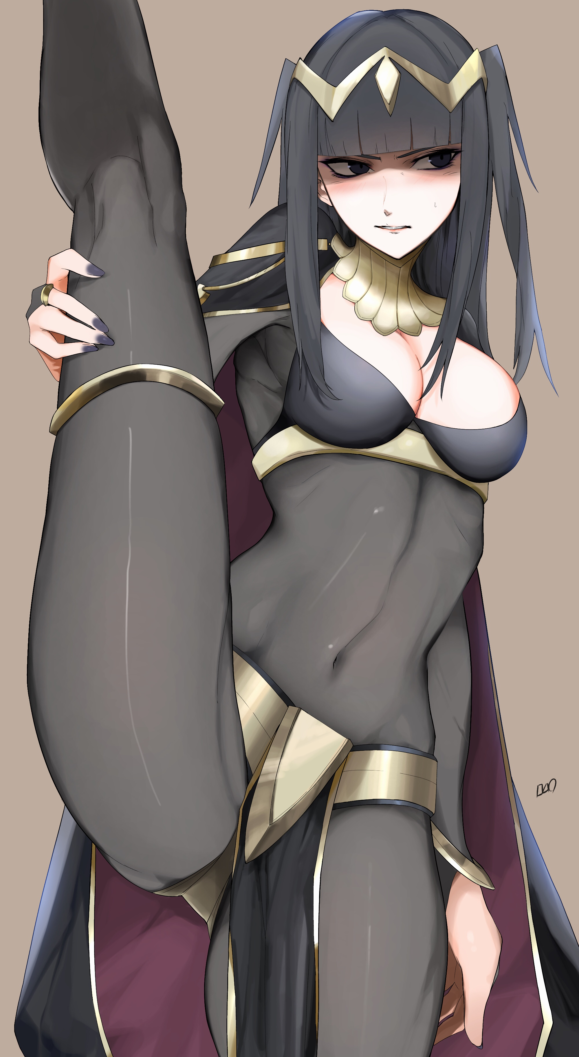 1girls, 2020, abs, annoyed, belly, belly button, big breasts, black hair, blush, bodystocking, breasts, cape, cleavage, clenched teeth, cloak, eyes in shadow, female, female only, fire emblem, fire emblem awakening, grey background, headwear, hi res, high resolution, highres, holding leg, hourglass figure, kataku musou, leg up, long hair, looking away, mole (pixiv31755575), navel, necklace, nintendo, pelvic curtain, simple background, solo, splits, standing, standing on one leg, stretching, sweatdrop, tharja (fire emblem), unamused, uncomfortable, vertical splits