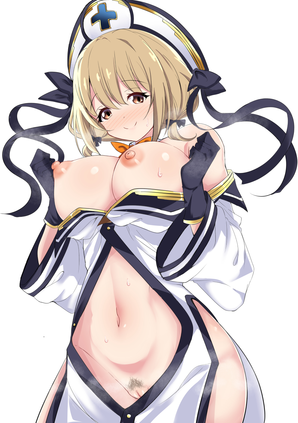 bare_shoulders black_gloves blonde_hair blush breasts breasts_out brown_eyes closed_mouth clothing eyebrows_visible_through_hair female gloves groin hair_ornament hair_ribbon hat highres kirara_fantasia large_breasts looking_at_viewer maehara_nina mak066 nipples no_bra no_panties ochikobore_fruit_tart pubic_hair pussy ribbon shiny shiny_hair shiny_skin short_hair simple_background smile solo standing sweat white_background