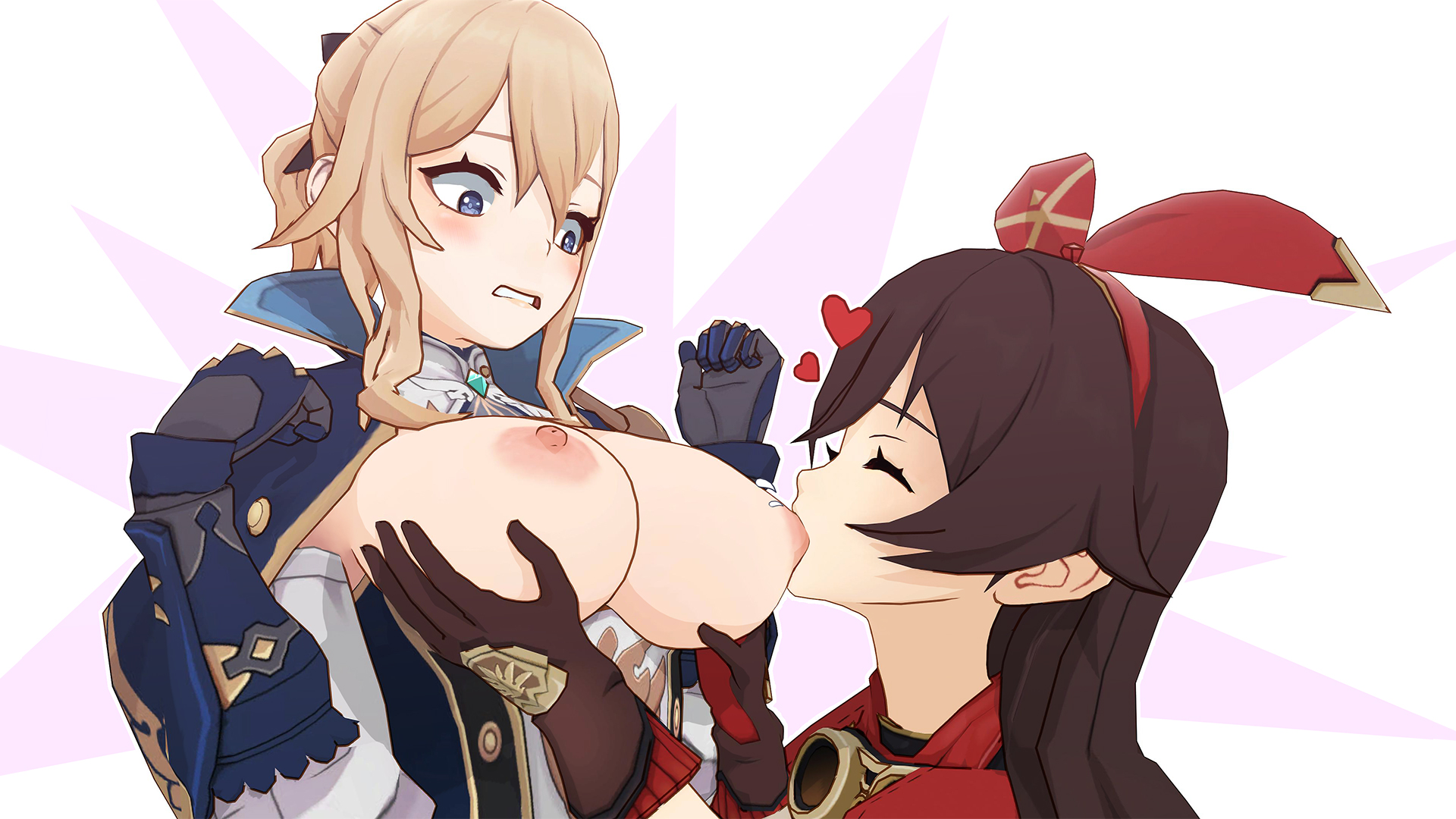 2girls, 3d, amber (genshin impact), areolae, batesz, big breasts, breast sucking, breasts, female, female only, genshin impact, jean gunnhildr, large breasts, nipples, source filmmaker, yuri