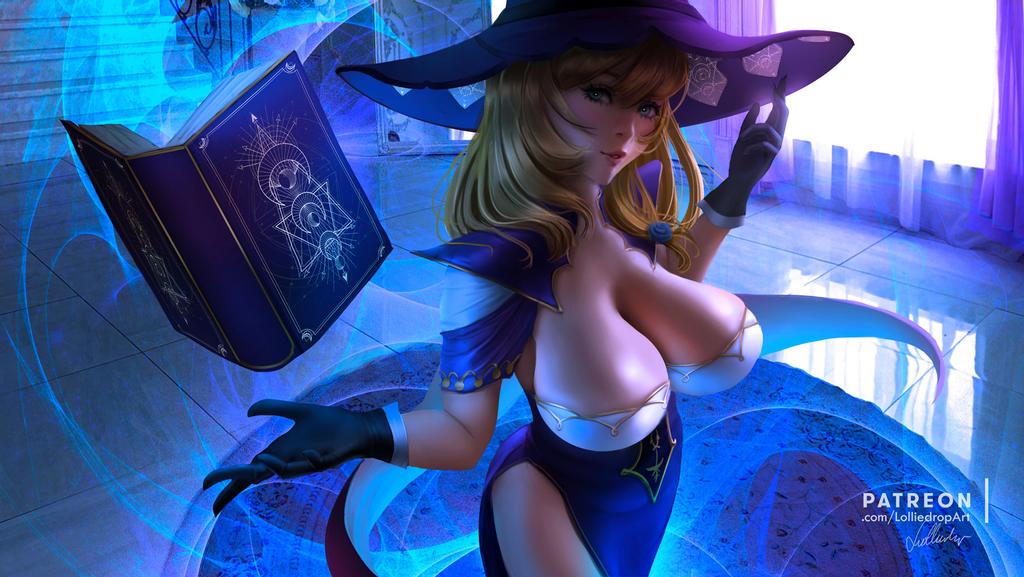 1girls, big breasts, breasts, cleavage, female, female only, full lips, genshin impact, hat, huge breasts, large breasts, light skin, light-skinned female, lisa (genshin impact), lolliedrop, looking at viewer, mature female, solo, thick thighs, wide hips, witch, witch hat