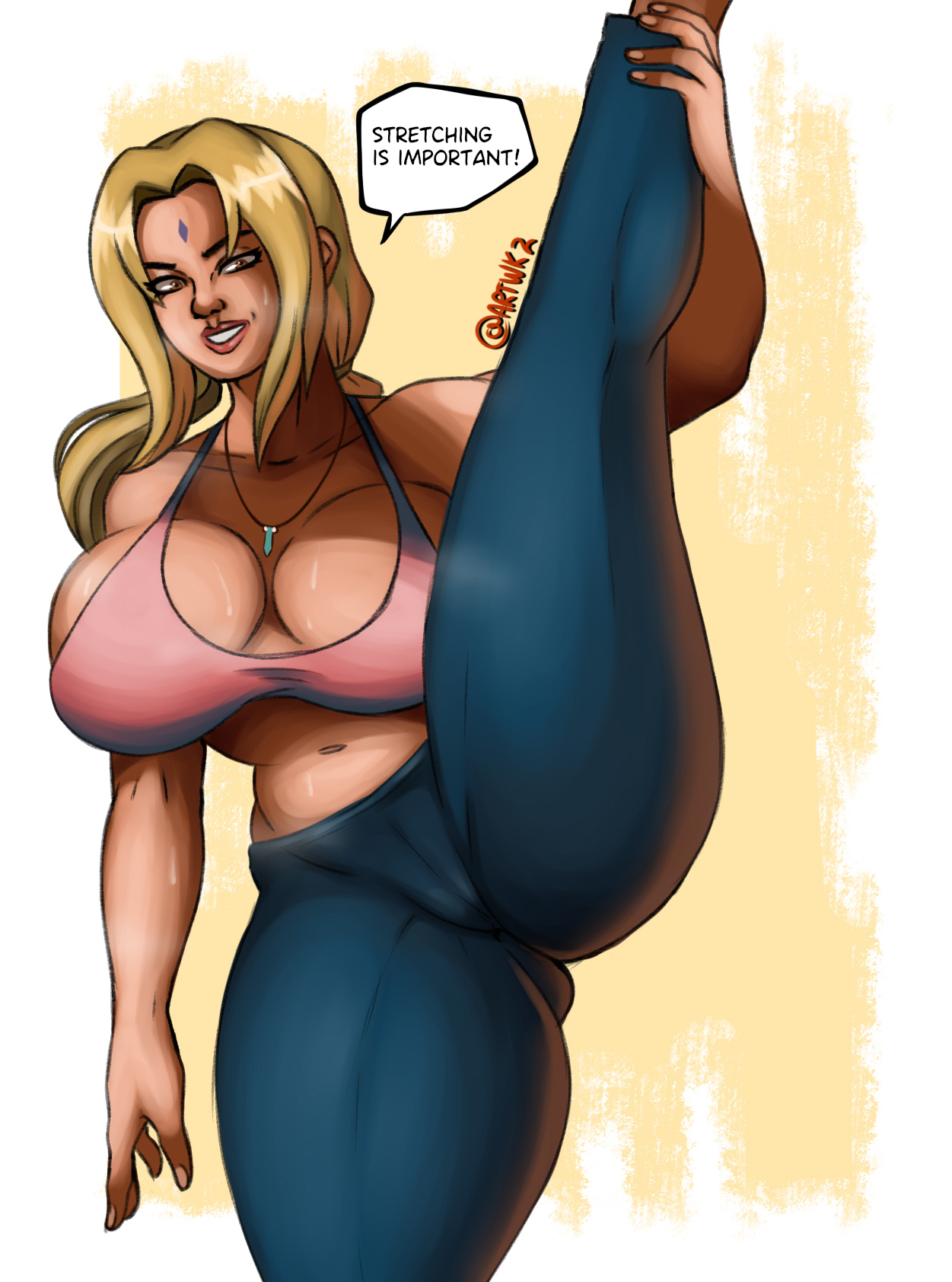 1girls, ass, bare shoulders, big breasts, blonde hair, breasts, brown eyes, cameltoe, facial mark, female, female only, flexible, forehead mark, holding leg, holding own leg, huge breasts, leggings, lipstick, makeup, naruto, naruto (series), naruto shippuden, necklace, no bra, pussy, showking off, smile, splits, standing, standing on one leg, stretching, sweat, sweatdrop, talking, talking to viewer, tank top, thick thighs, tied hair, tsunade, vertical splits, wkart