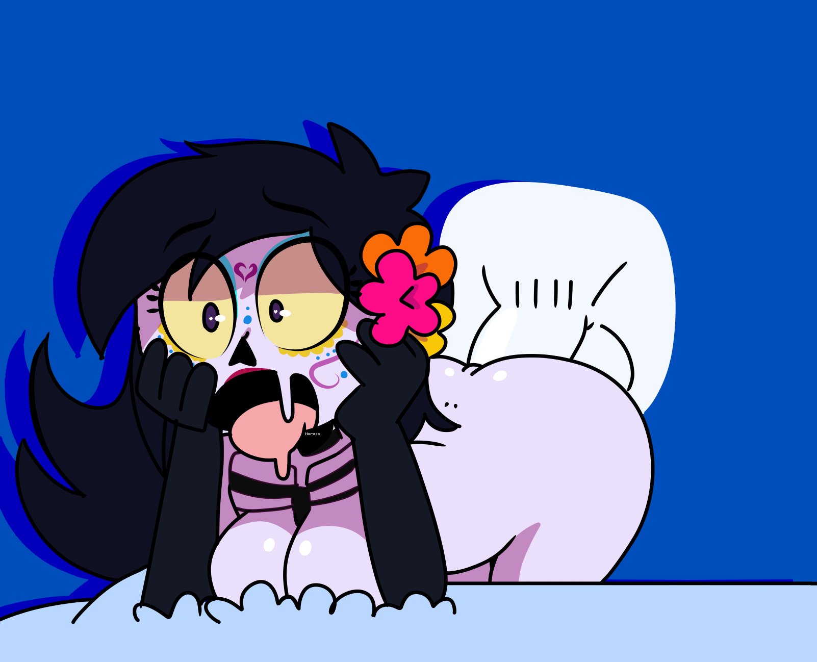 1boy, 1girls, black hair, bodypaint, breasts, catalina la catrina, dia de los muertos, eyeshadow, female, gloves, hair flower, horaco, lipstick, long hair, male, mascot, nude, ponytail, purple eyes, purple skin, sex, skeleton, straight, thehoraco, yellow sclera