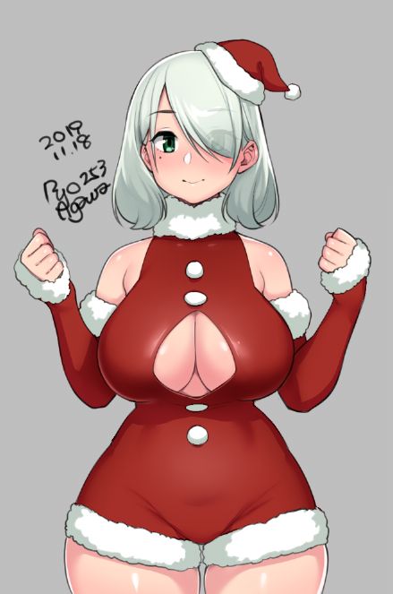 2020, background, big breasts, breasts, christmas, christmas outfit, cleavage, cleavage cutout, eyebrows visible through hair, female, female only, fur trim, green eyes, happy, high resolution, huge breasts, human, light skin, light-skinned female, one eye covered, original, ryo agawa, santa costume, santa hat, short hair, solo female, thick, thick thighs, thigh highs, thighs, white hair