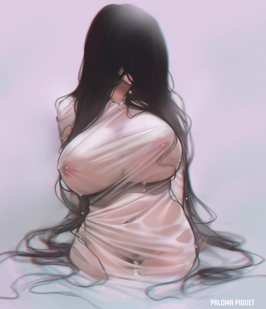 1girls, areolae, big breasts, breasts, english text, female, female only, huge breasts, large breasts, long hair, looking at viewer, nipples, paloma piquet, pubic hair, solo, the ring, voluptuous, wet, wet clothes, yamamura sadako