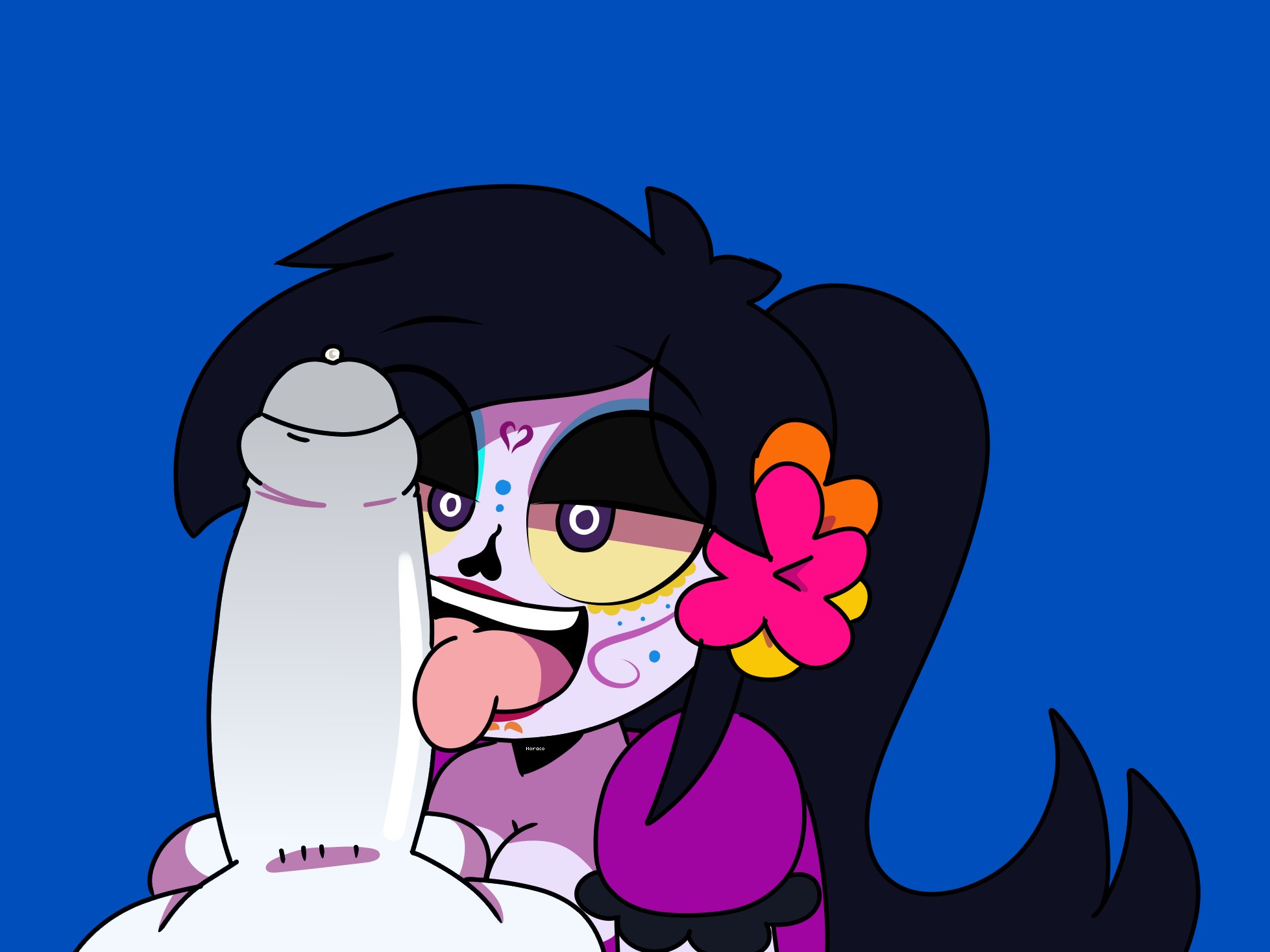 1girls, black hair, bodypaint, breasts, catalina la catrina, dia de los muertos, eyeshadow, fellatio, female, gloves, hair flower, horaco, licking, licking penis, lipstick, long hair, male, penis, ponytail, purple eyes, purple skin, thehoraco, tongue