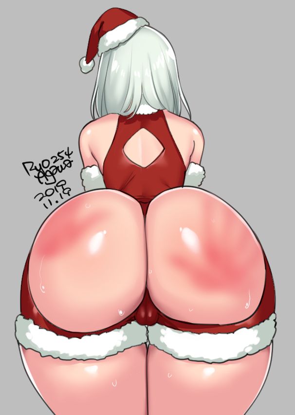 2020, ass, ass visible through thighs, back, back view, background, christmas, christmas outfit, female, female only, fur trim, handprint, handprint on ass, high resolution, huge ass, large ass, light skin, light-skinned female, pussy, pussy peek, rear view, red ass, red dress, ryo agawa, santa hat, solo female, spank marks, spanking, thick ass, thick thighs, thighs, white hair