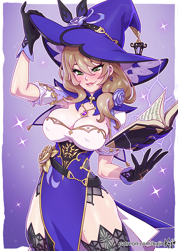 1girls, big breasts, blush, breasts, cleavage, female, female only, full lips, genshin impact, hat, kajinman, large breasts, light skin, light-skinned female, lisa (genshin impact), mature female, nipple bulge, slim waist, solo, thick thighs, witch, witch hat
