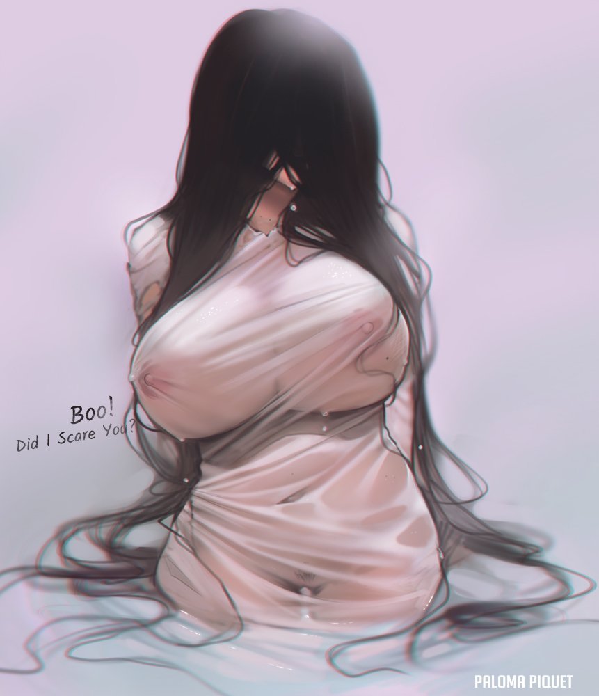 1girls, areolae, big breasts, breasts, english text, female, female only, huge breasts, large breasts, long hair, looking at viewer, nipples, paloma piquet, pubic hair, solo, the ring, voluptuous, wet, wet clothes, yamamura sadako