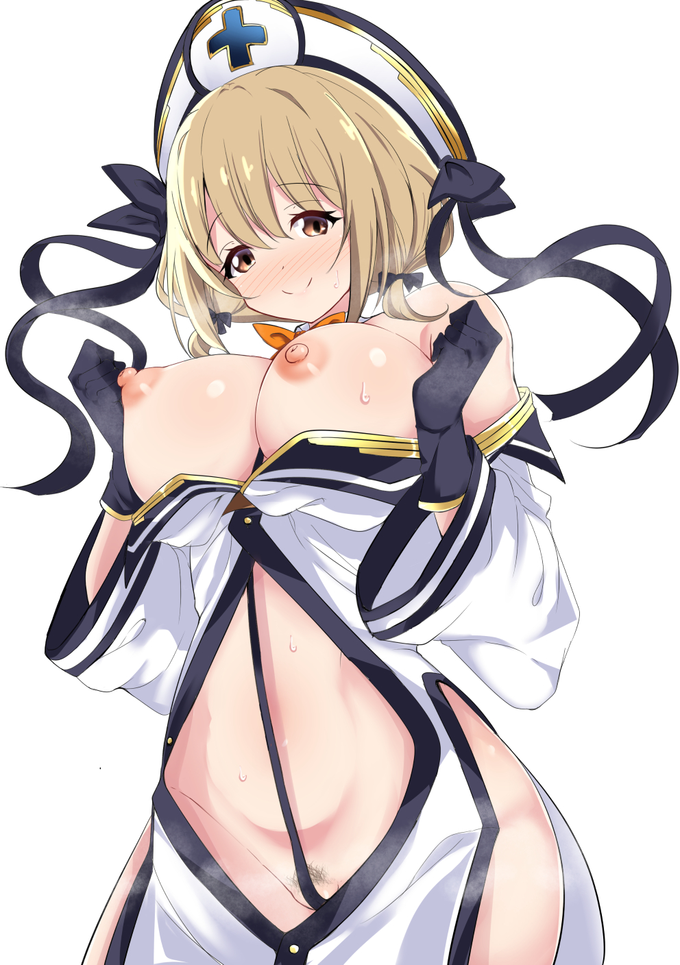 bare_shoulders black_gloves blonde_hair blush breasts breasts_out brown_eyes cameltoe closed_mouth clothing eyebrows_visible_through_hair female gloves groin hair_ornament hair_ribbon hat highres kirara_fantasia large_breasts looking_at_viewer maehara_nina mak066 nipples no_bra ochikobore_fruit_tart pubic_hair ribbon shiny shiny_hair shiny_skin short_hair simple_background smile solo standing sweat white_background