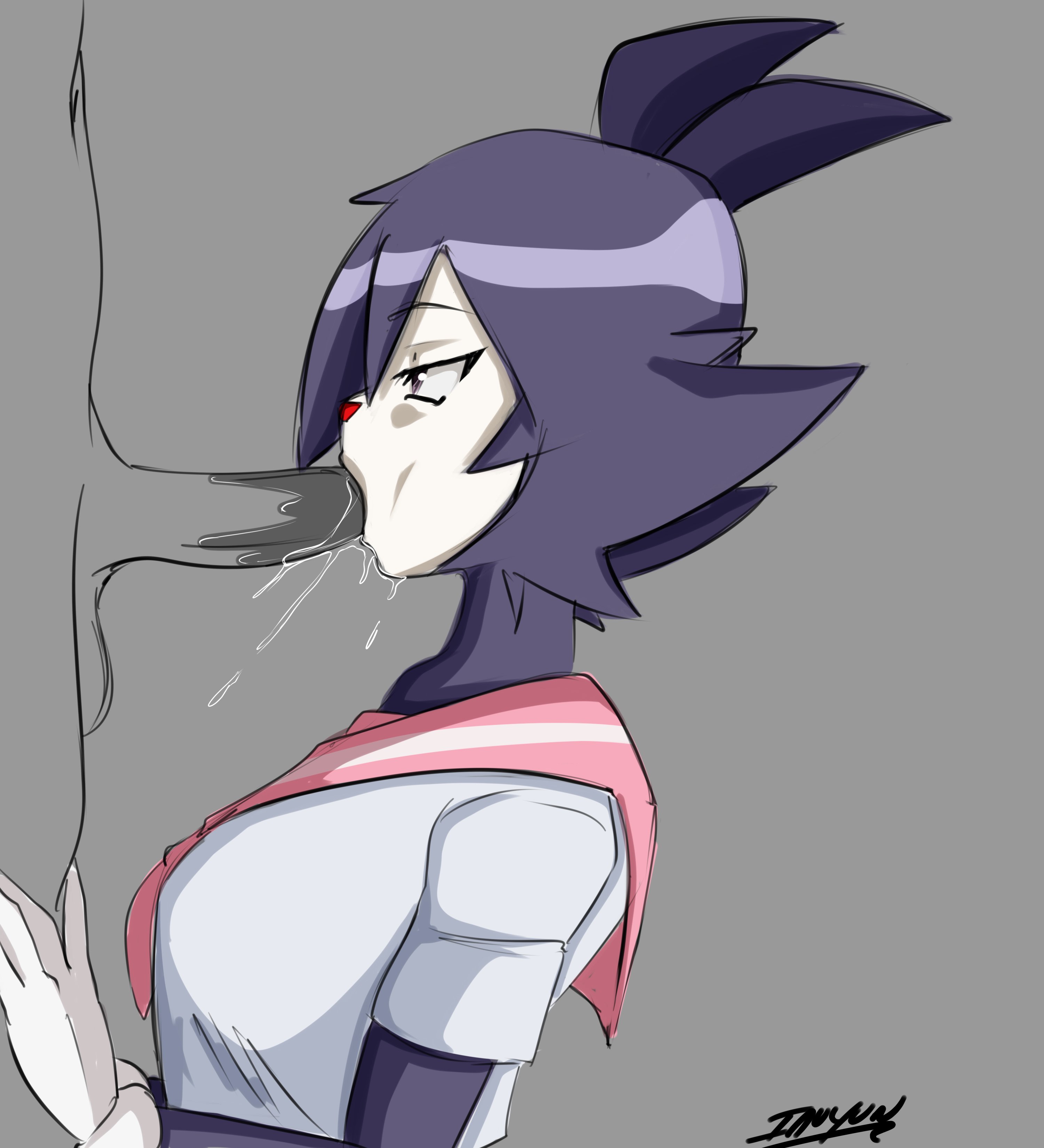1boy, 1girls, 2020, absurd res, animaniacs, animaniacs (2020), anime dot, anime-aniacs, anthro, artist name, balls, bare arms, black hair, black skin, breasts, cheek bulge, dot warner, eyebrows visible through hair, fellatio, female, gloves, grey background, hand on leg, highres, inuyuru, male, medium breasts, oral, partially colored, penis, purple eyes, saliva, saliva drip, saliva on penis, saliva trail, school uniform, serafuku, short hair, side ponytail, side view, signature, simple background, snout, standing, testicles, tied hair, warner brothers, white gloves