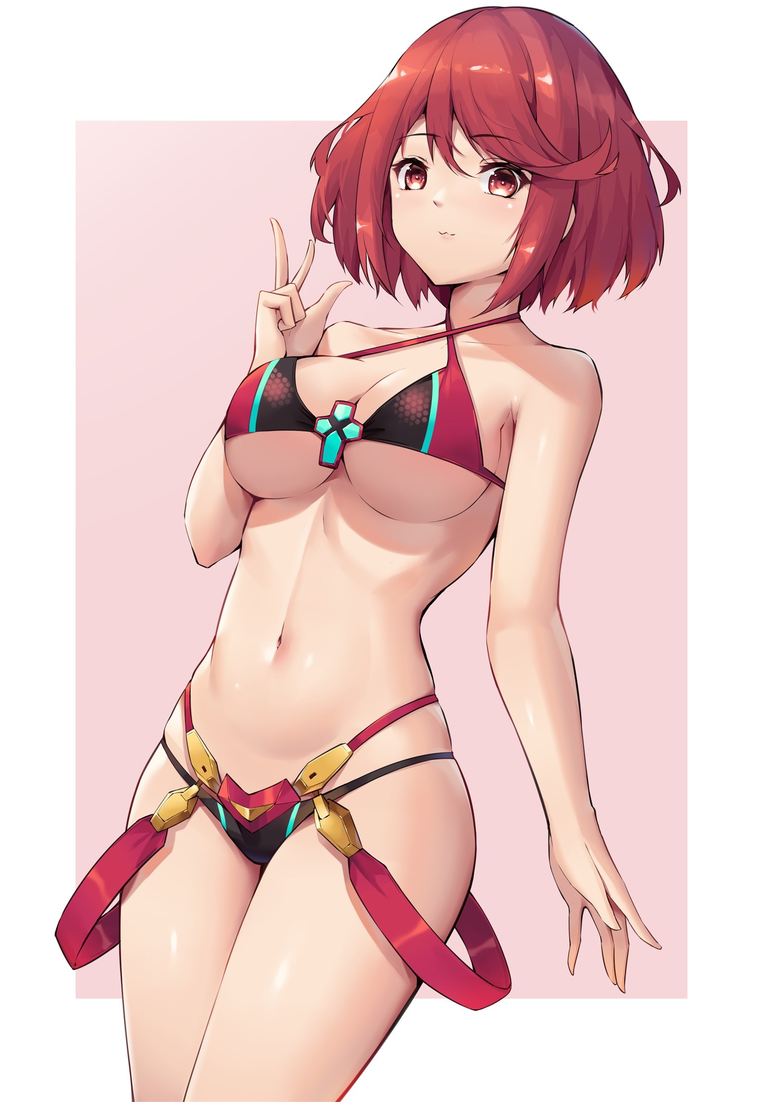 1girls, adapted costume, arm up, bangs, bare arms, bare shoulders, bikini, blush, breasts, chest jewel, commentary request, cowboy shot, eol 9, eyebrows visible through hair, female, halterneck, highleg, highleg bikini, highleg swimsuit, highres, large breasts, looking at viewer, multi-strapped bikini, navel, nintendo, pyra, red eyes, red hair, short hair, simple background, smile, solo, string bikini, swept bangs, swimsuit, thighs, underboob, v, white background, xenoblade (series), xenoblade chronicles 2