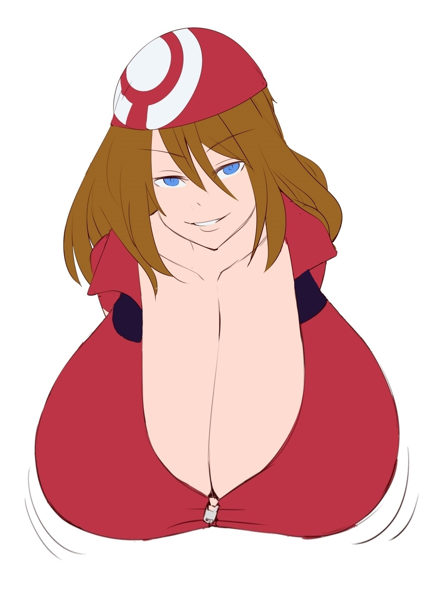 1girls, 47k, alternate breast size, bandana, blue eyes, bouncing breasts, breasts, brown hair, cleavage, female, female focus, female only, flat color, gigantic breasts, half-closed eyes, hanging breasts, highres, huge breasts, long hair, looking at viewer, may (pokemon), motion lines, nintendo, parted lips, pokemon, pokemon rse, simple background, smile, solo, solo female, third-party edit, unzipped, upper body, white background, young, zipper