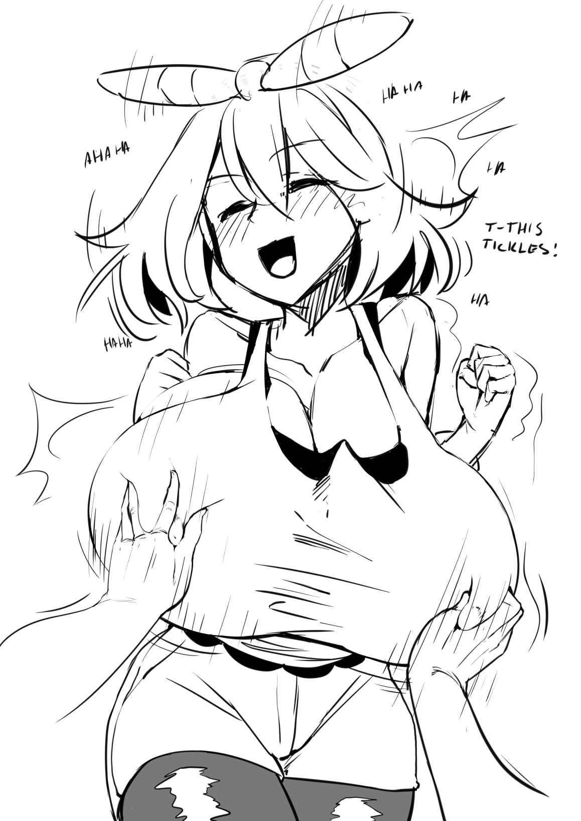 1girls, 47k, bandana, breast grab, breasts, erect nipples, female, grabbing, groping, highres, huge breasts, human, human only, laughing, may (pokemon oras), may (pokemon), monochrome, motion lines, nintendo, nipple tweak, nipples, pokemon, pokemon oras, sketch, text focus, tickling, upper body