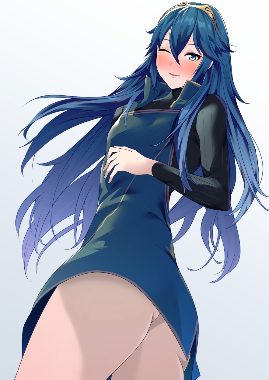 1girls, ameno (a meno0), bare legs, bare thighs, blue eyes, blue hair, blush, blushing, bottomless, female, fire emblem, fire emblem awakening, flat chest, long hair, looking at viewer, looking down, lucina (fire emblem), nintendo, no panties, one eye closed, open mouth, open smile, smile, solo, solo female, symbol-shaped pupils, thighs, tiara, unrealityedits, very long hair, wink